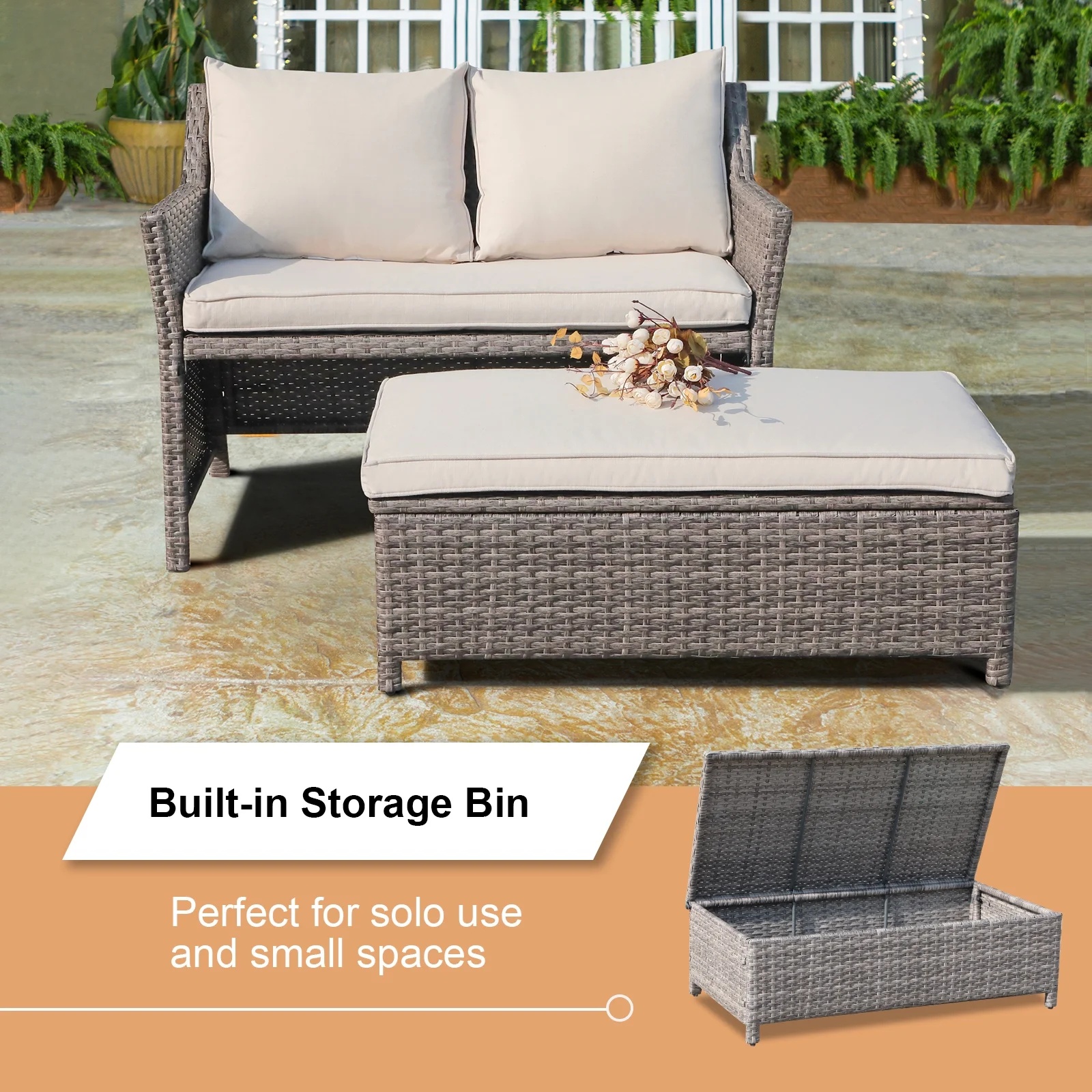 Outdoor Wicker Love Seat and Coffee Table Set, Weather Resistant Grey Rattan, Patio Furniture with Gray Cushions & Storage Bin - Image 15