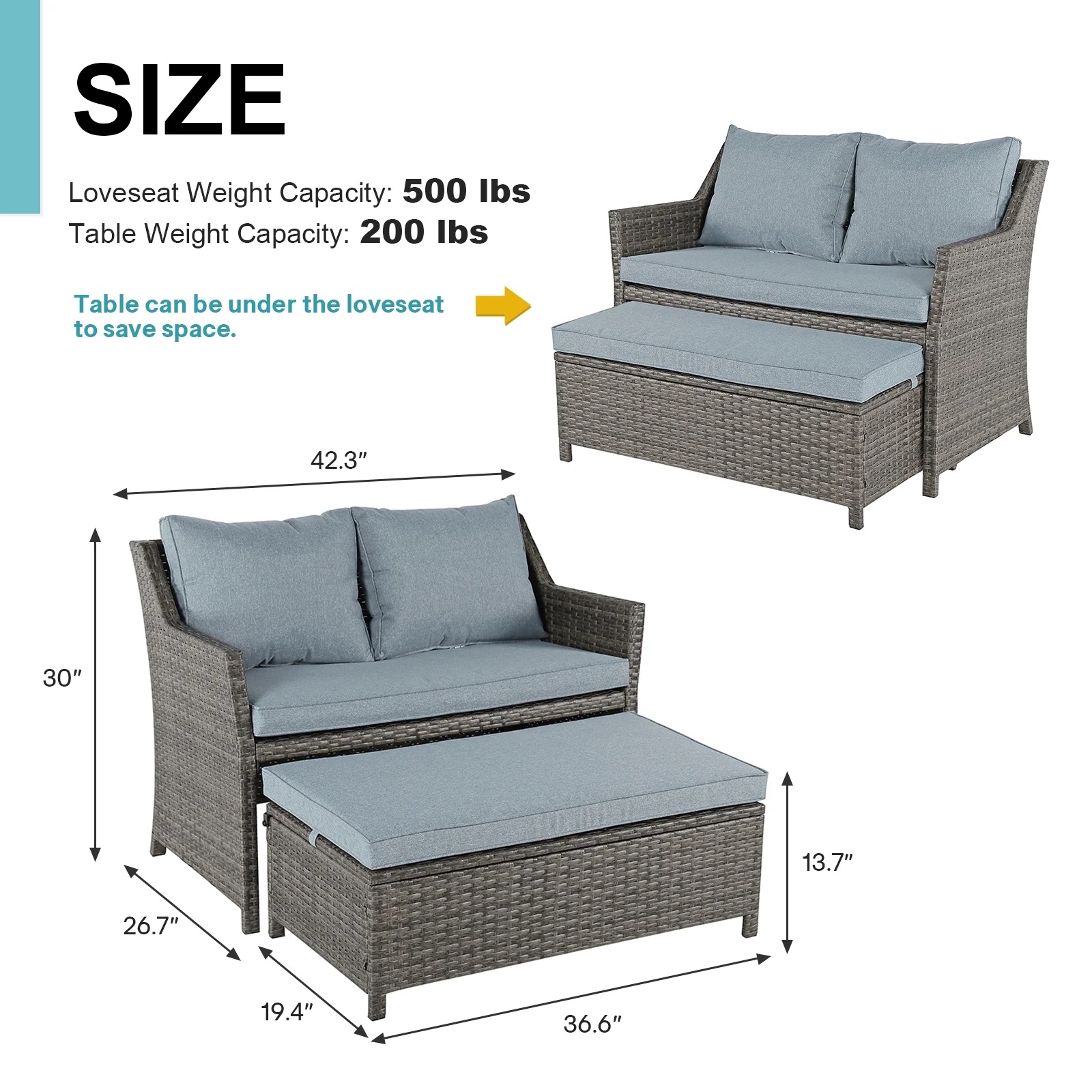 Outdoor Wicker Love Seat and Coffee Table Set, Weather Resistant Grey Rattan, Patio Furniture with Gray Cushions & Storage Bin - Image 6