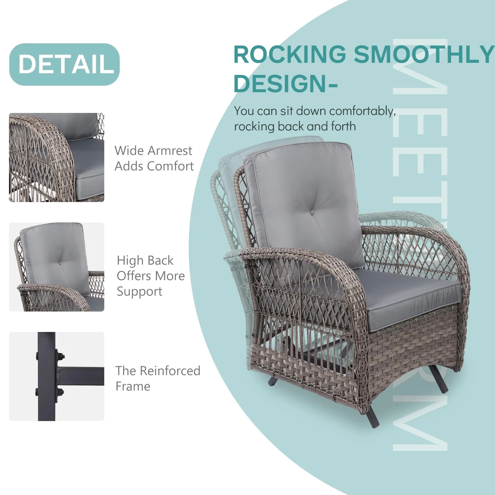 MEETWARM Patio Wicker Rocking Glider Set, All-Weather Outdoor Rattan Patio Rocking Chairs of 2, Patio Conversation Set with Thickened Cushions for Porch Garden & Backyard, Navy Blue - Image 16