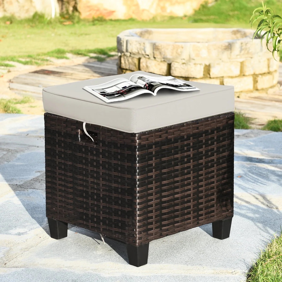 Gymax Set of 2 Patio Rattan Ottoman Footrest Garden Outdoor w/ Brown Cushion - Image 5