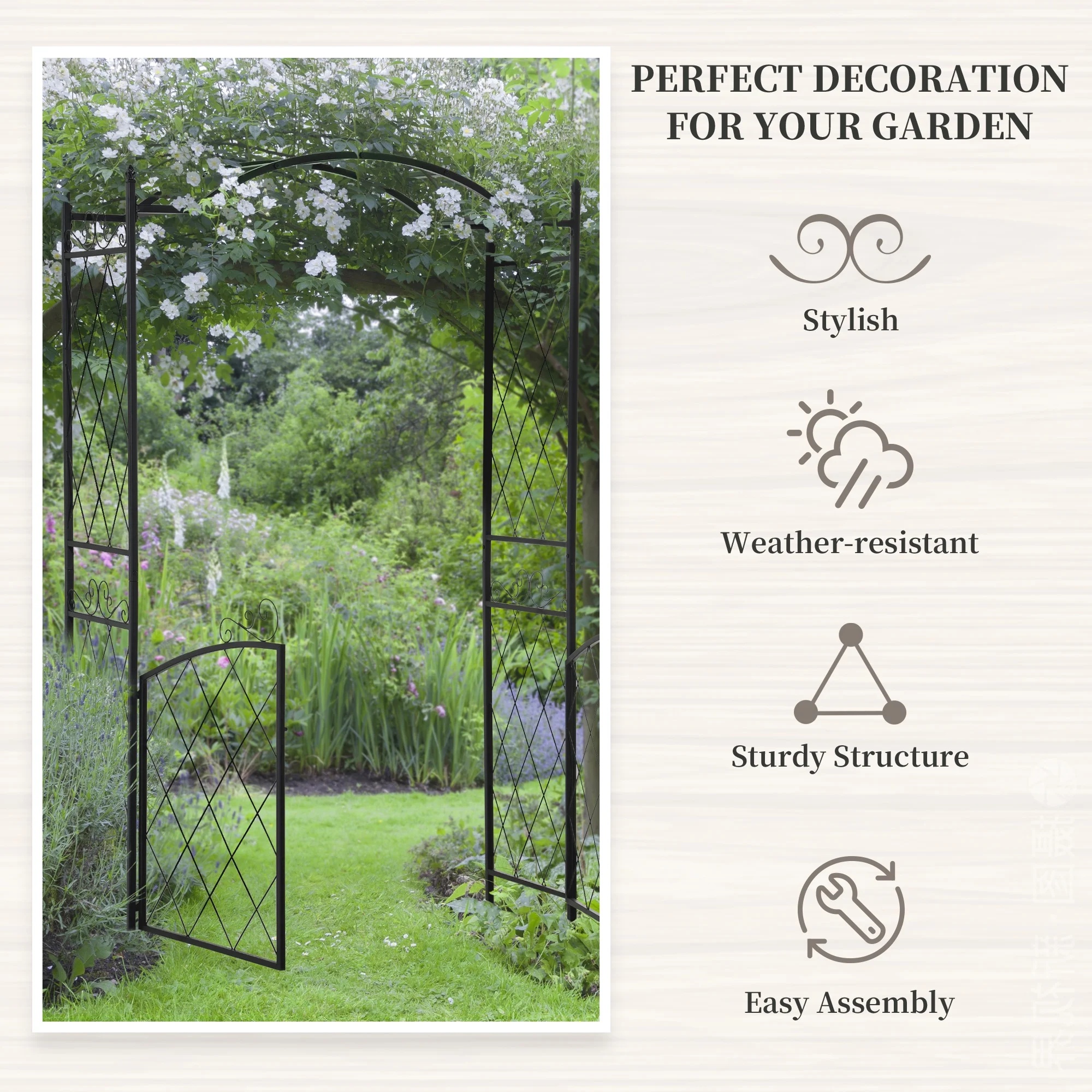 Outsunny 85" Garden Arch Arbor, Metal Arch Trellis with Gate, Garden Archway for Climbing Vines, Wedding Ceremony Decoration, Black - Image 4