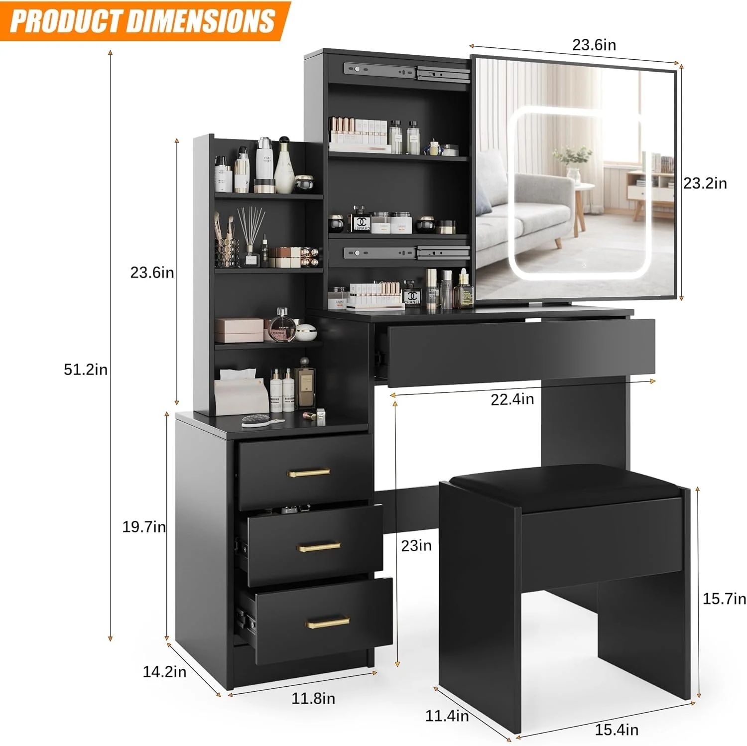Vanity Desk with Sliding Mirror and Lights, Makeup Vanity Set with Power Outlet, 4 Drawers, Stool, Open Shelves, 3 Color Lighting Modes, Brightness Adjustable, Makeup Dressing Table for Bedroom - Image 4