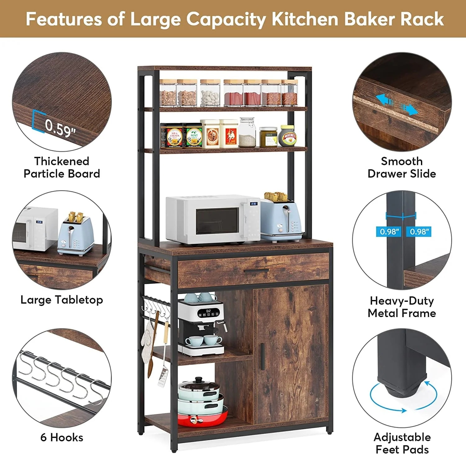 Tribesigns Bakers Racks for Kitchens with Cabinet, Large Capacity Microwave Stand with Drawers,6-Tier Kitchen Utility Storage Shelf with Hooks, Free Standing Kitchen Shelf Cabinets, Vintage Brown - Image 4