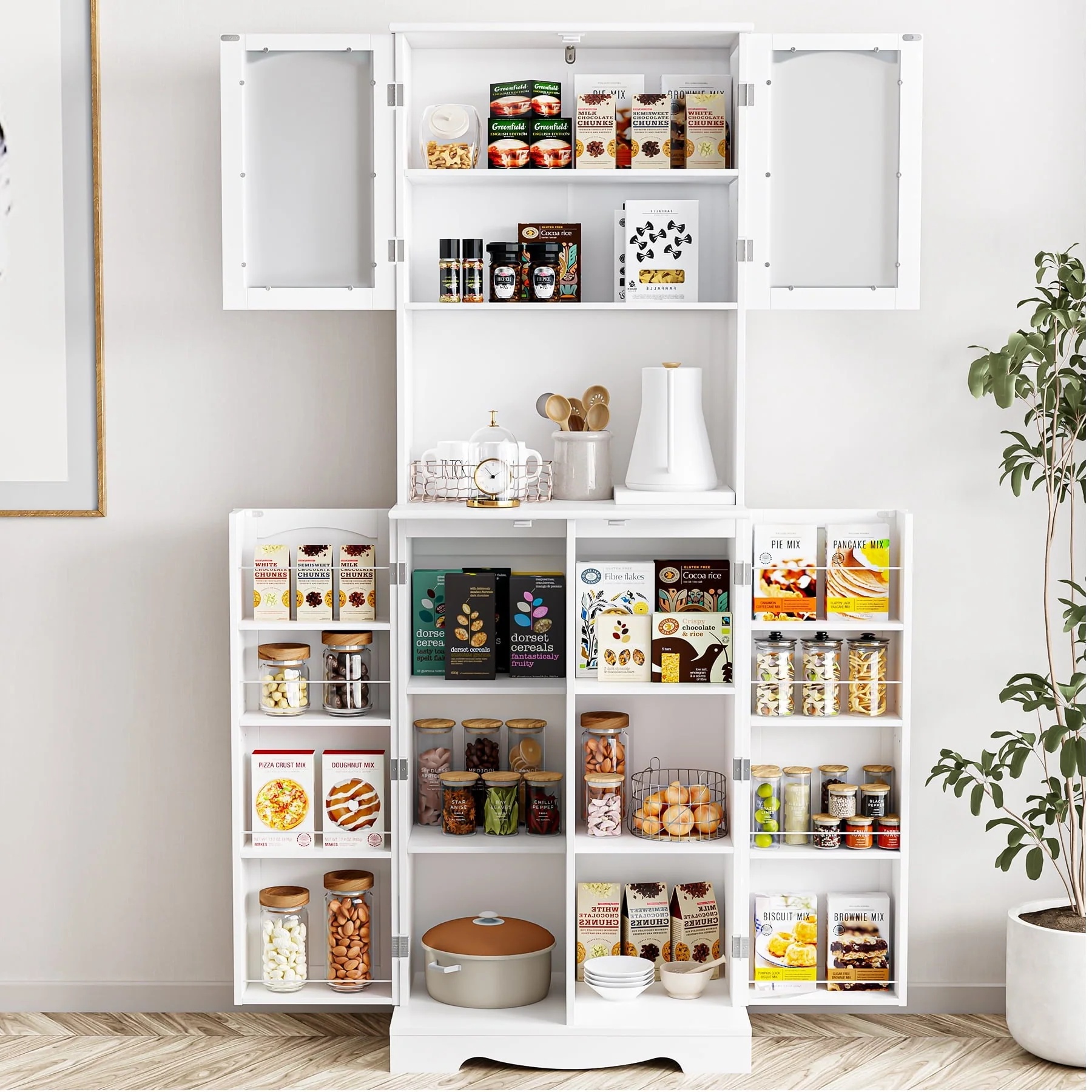 Homfa 71'' 4 Doors Kitchen Pantry Cabinet, Tall Pantry Storage Cabinet with Adjustable Shelves, Microwave Cabinet for Dining Room, White