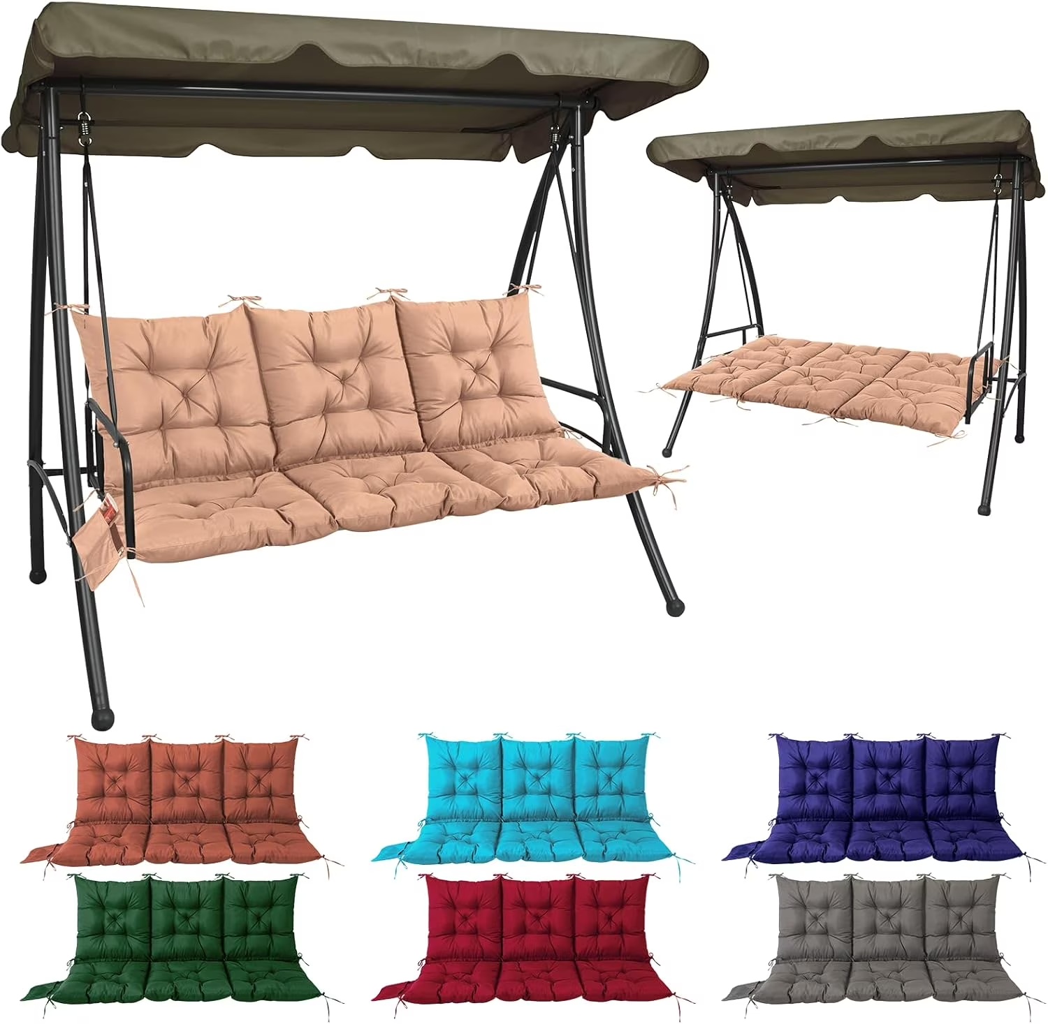 NACATIN 3 Seat Cushion for Outdoor Swing - 60x40 inches, 4" Thick Porch Swing Cushions with Ties and Storage Bag, Waterproof Bench Replacement Cushions for Patio, Outdoor, Backyard and Garden (Khaki) - Image 2