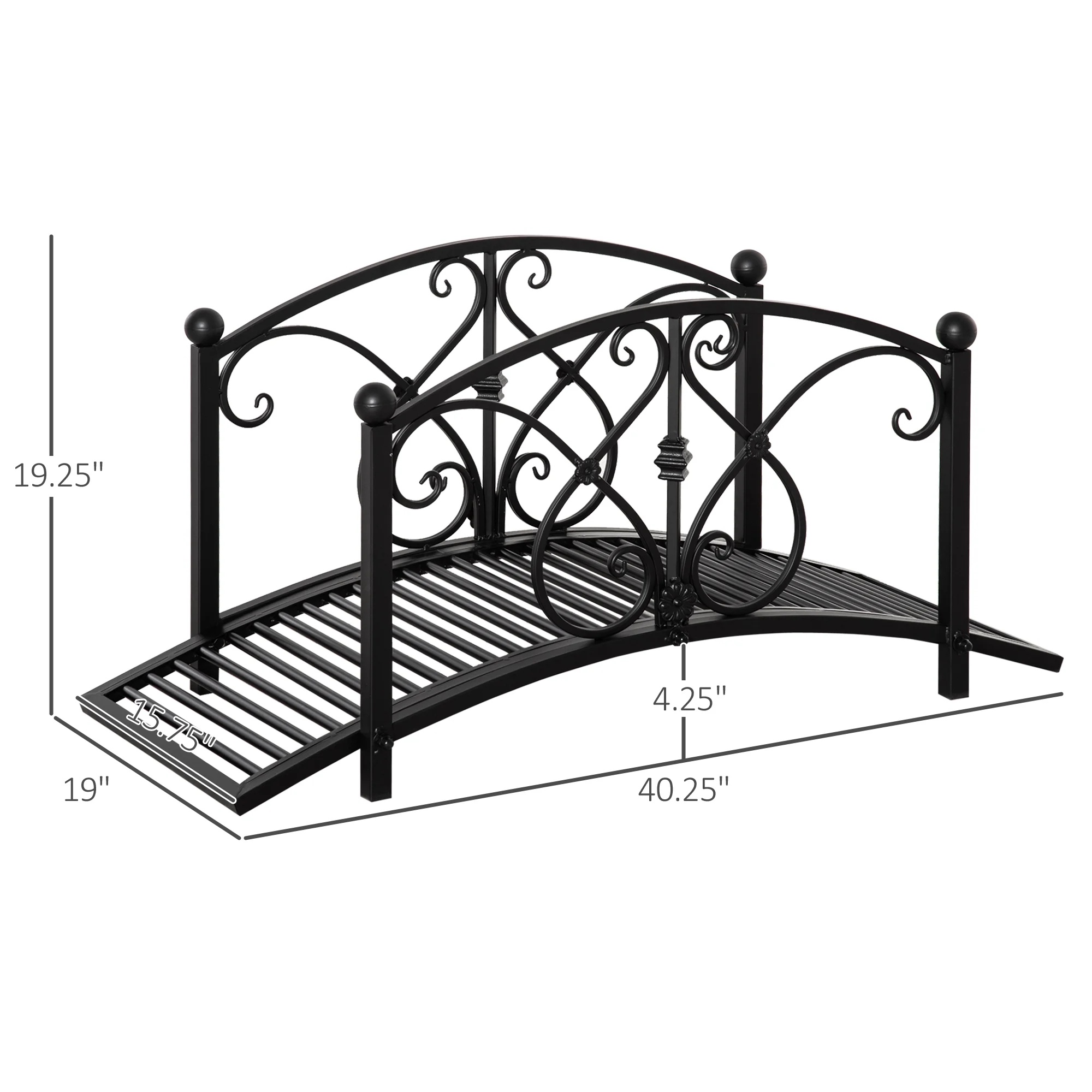 Outsunny 3.3FT Metal Arch Zen Garden Bridge with Safety Siderails, Decorative Footbridge, Delicate Floral Scrollwork for Stream, Fish Pond, Brown - Image 16