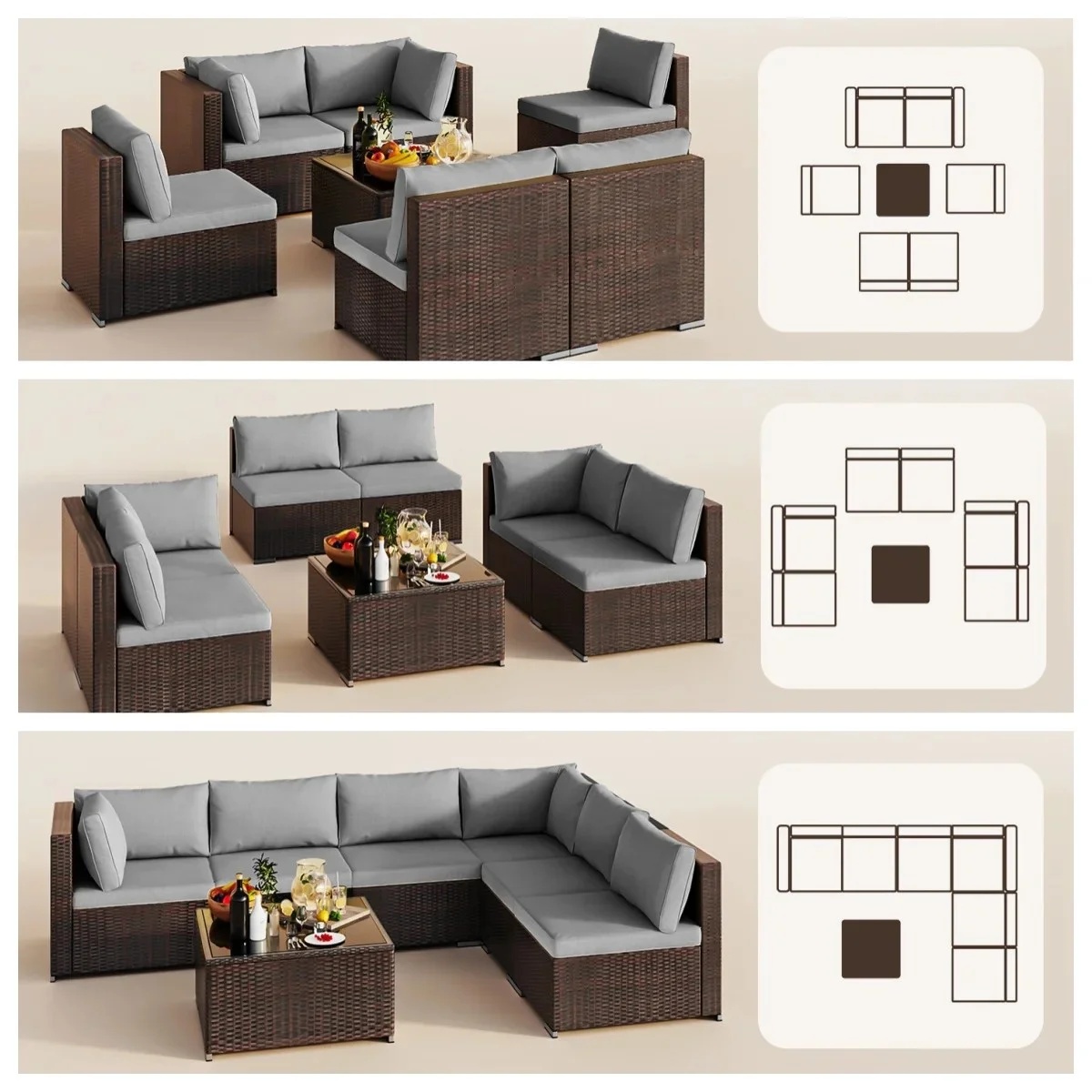 7 Pieces Outdoor Patio Furniture Set, Lofka PE Rattan Sectional Sofa with Tempered Glass Coffee Table & All-Weather Cushions, Patio Conversation Set for Garden, Poolside (Grey) - Image 3