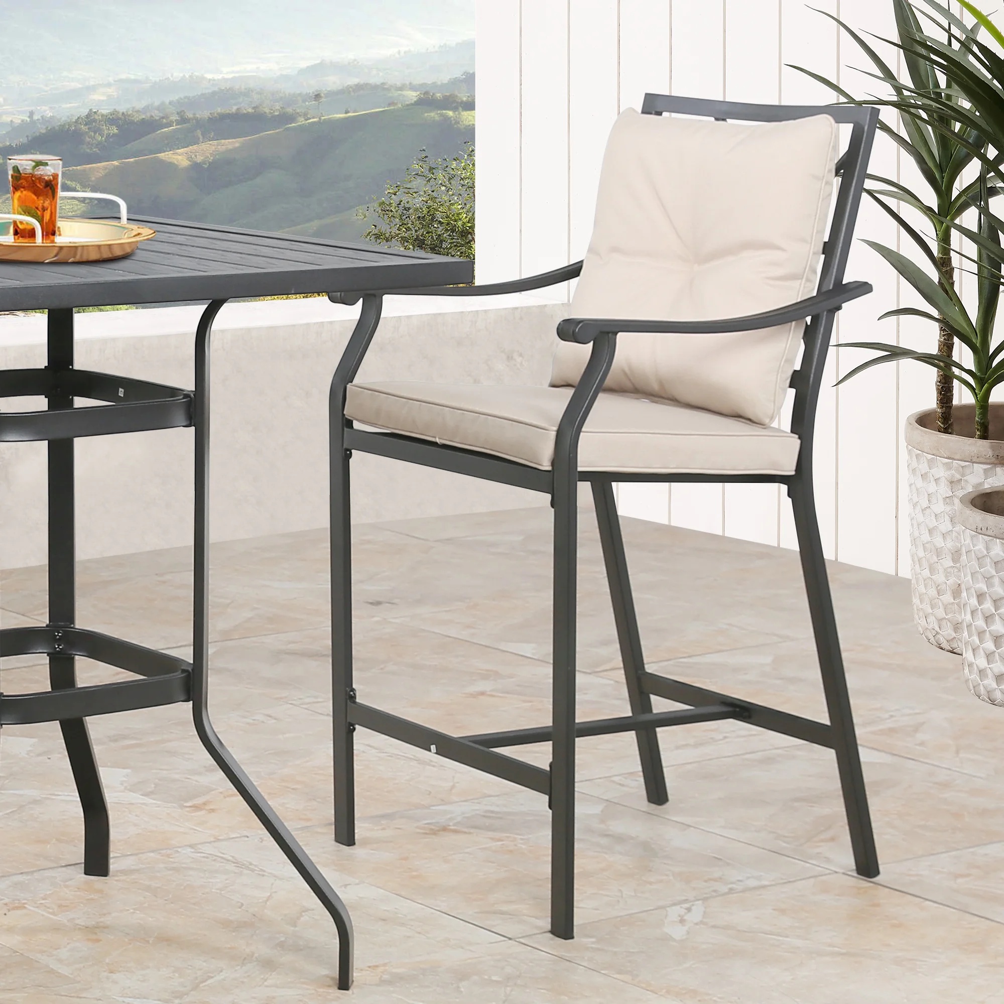 Ulax Furniture Outdoor Bar Stools Metal Patio Counter Height Bar Stool Chairs with Beige Cushion, Set of 2 - Image 9