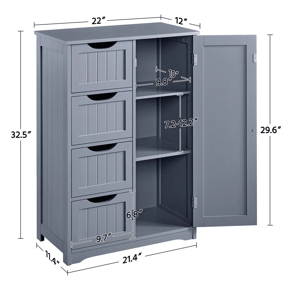 Easyfashion Wooden Bathroom Cabinet Bathroom Storage Unit with 4 Drawers, Gray - Image 6