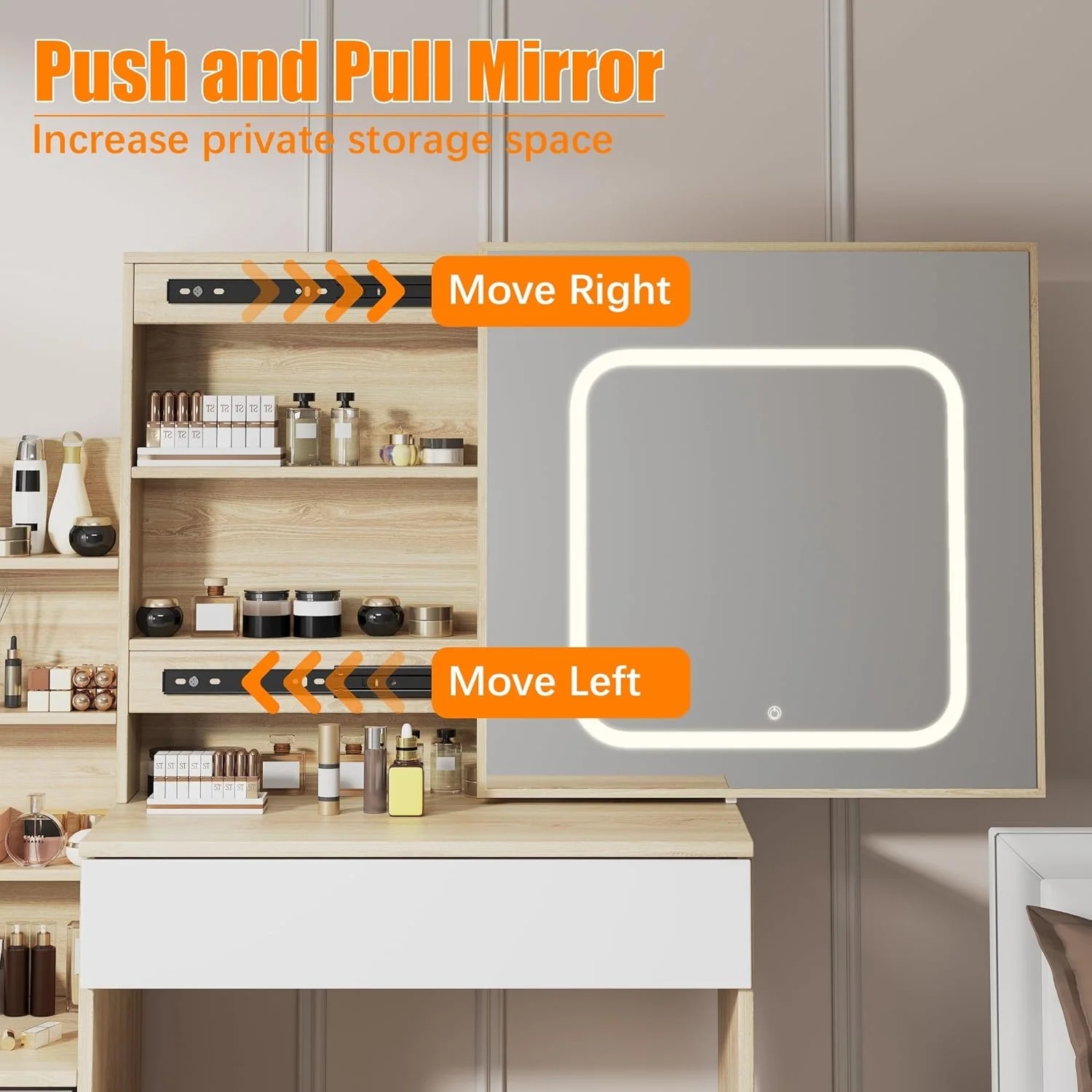 Vanity Desk with Sliding Mirror and Lights, Makeup Vanity Set with Power Outlet, 4 Drawers, Stool, Open Shelves, 3 Color Lighting Modes, Brightness Adjustable, Makeup Dressing Table for Bedroom - Image 25