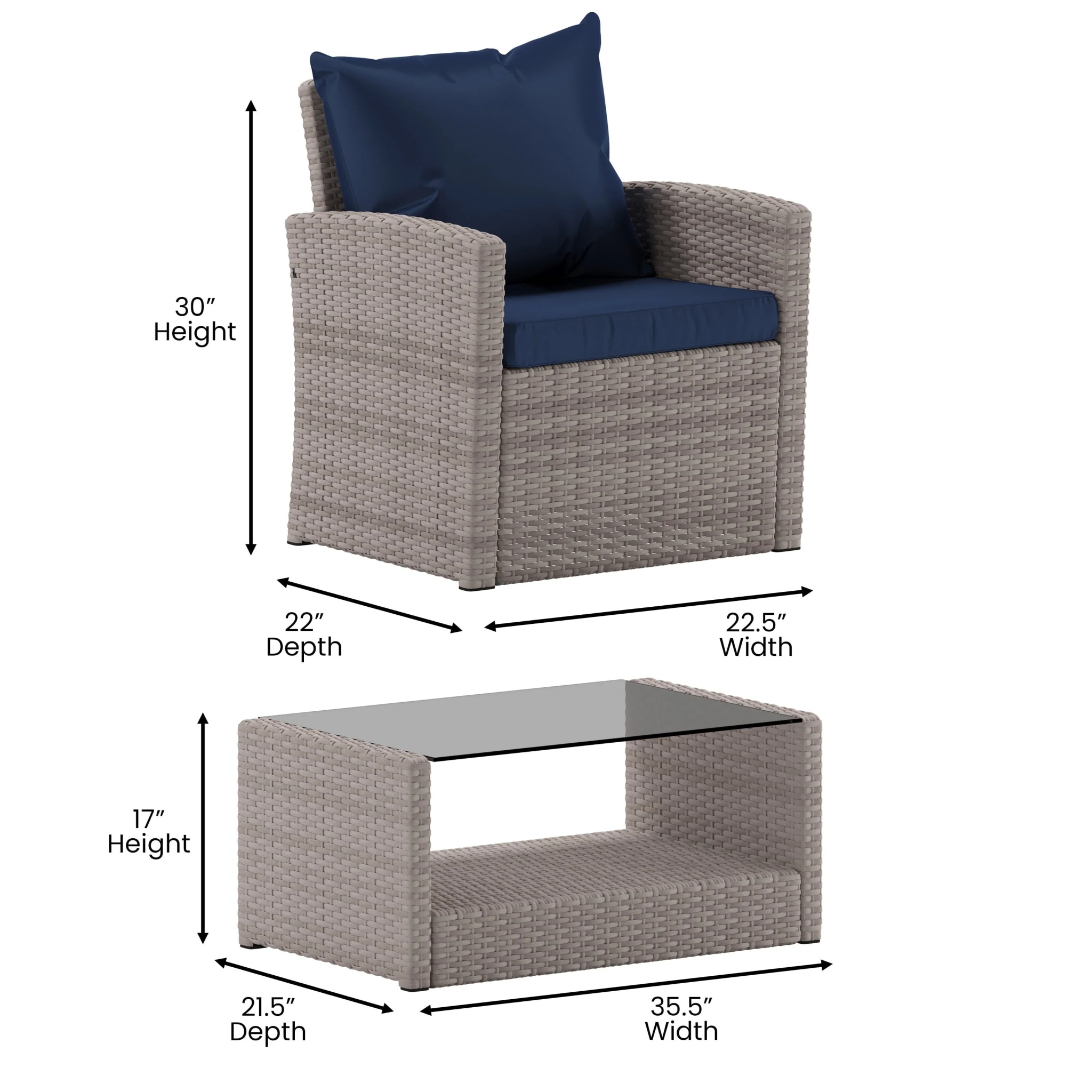 Flash Furniture Aransas Series 4 Piece Light Gray Patio Set with Navy Back Pillows and Seat Cushions - Image 8