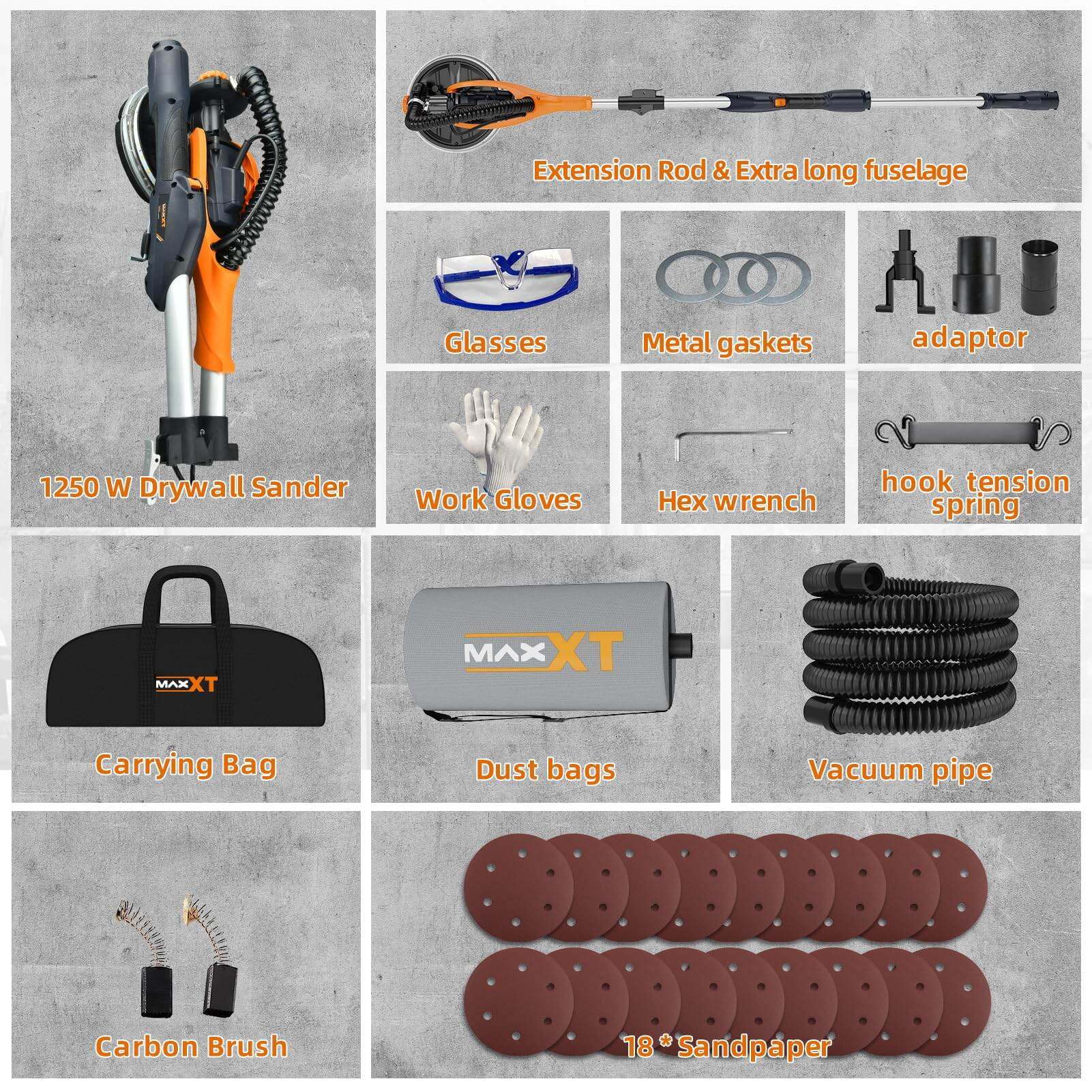 Drywall Sander with Vacuum Dust Collection, 6 Variable Speed Foldable Telescopic Electric Wall Sander, Popcorn Ceiling Removal Tool, 1900RPM Power Sander Tool, LED Light, 18Pcs Sanding Discs,Power D - Image 5