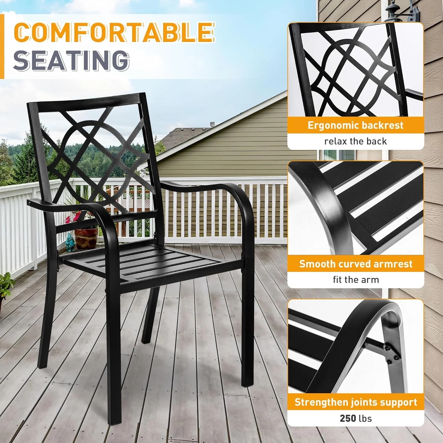 SUNCROWN 7-Piece Outdoor Wrought Iron Chairs and Table Patio Dining Furniture Set - 6 Stackable Metal Chairs, 1 Steel Slat Bistro Table and 1 Brown 9Ft Patio Umbrella for Garden Backyard Deck - Image 10