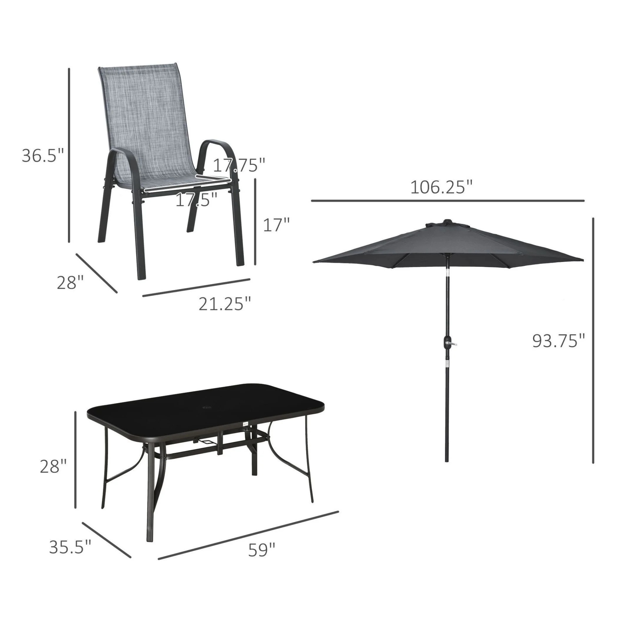 8-Piece Outdoor Dining Set with Umbrella, Patio Table and Chairs, Fast-Dry Fabric, 6 Chairs, Grey - Image 3