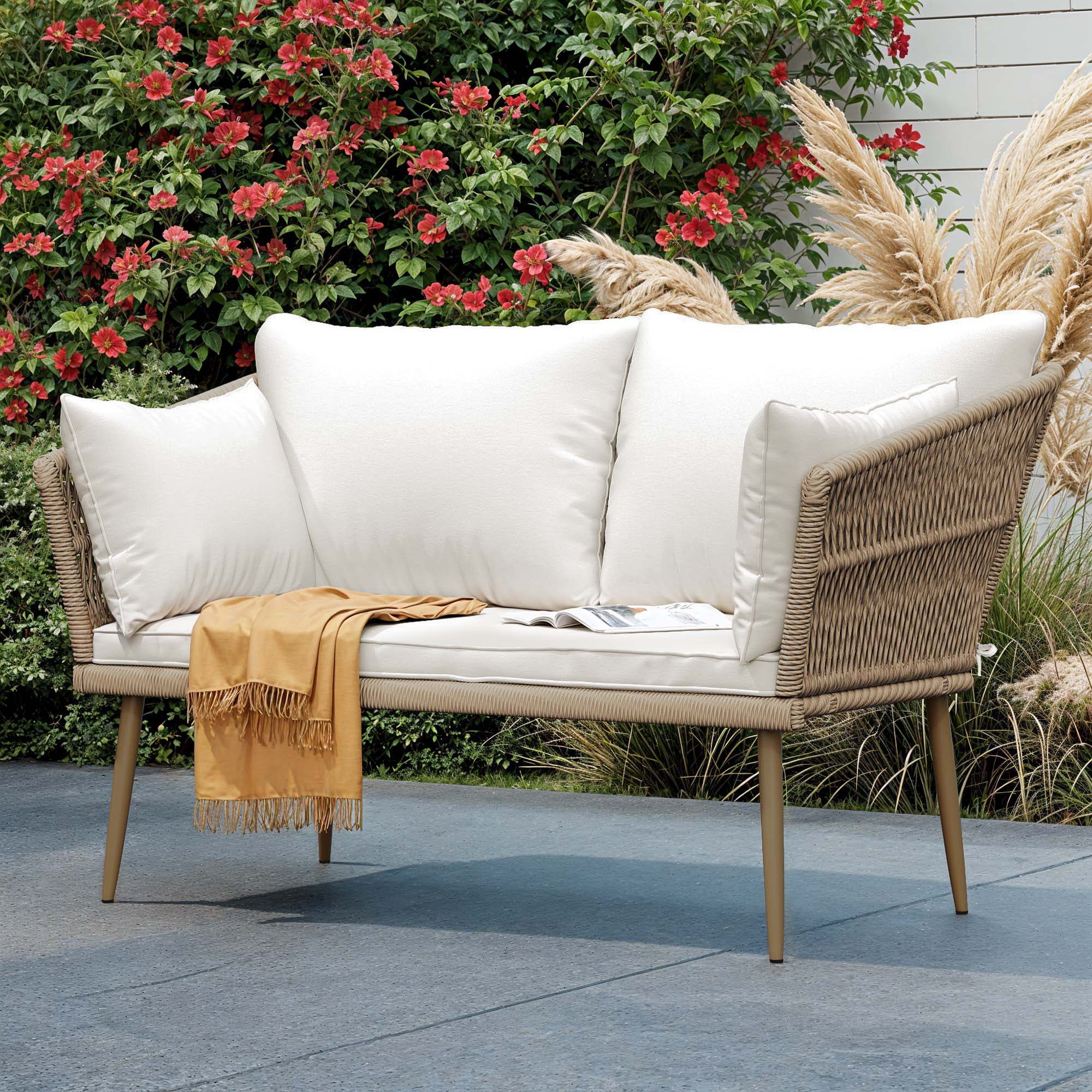 Uforic Outdoor Wicker Loveseat with Cushions and Rattan Side Table, All-Weather 2 Pieces Bistro Patio Conversation Furniture Set -Beige - Image 14
