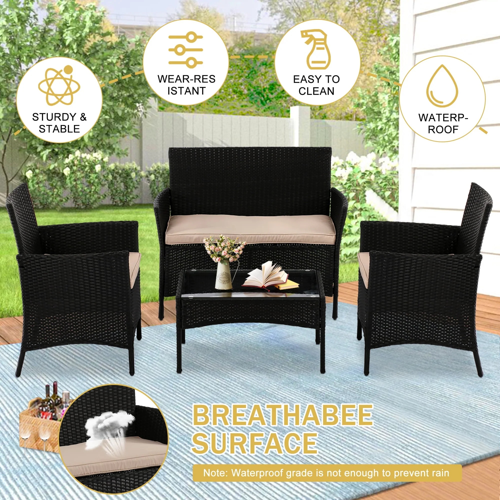 YRLLENSDAN Patio Furniture Set 4 Piece, Wicker Sofa Set Rattan Chair Outdoor Indoor Wicker Sofa with with Cushions & Coffee Table Bistro Sets for Patio Backyard Lawn Patio Chair (Black) - Image 6