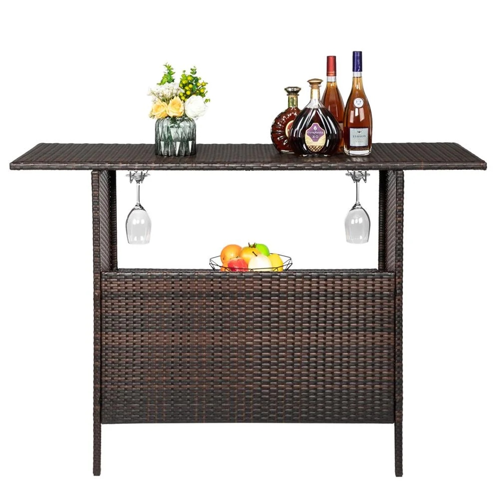 Zimtown Outdoor Wicker Bar Table with 2 Steel Shelves Brown, Patio Bar Table for Storage Function with 2 Tiers - Image 4