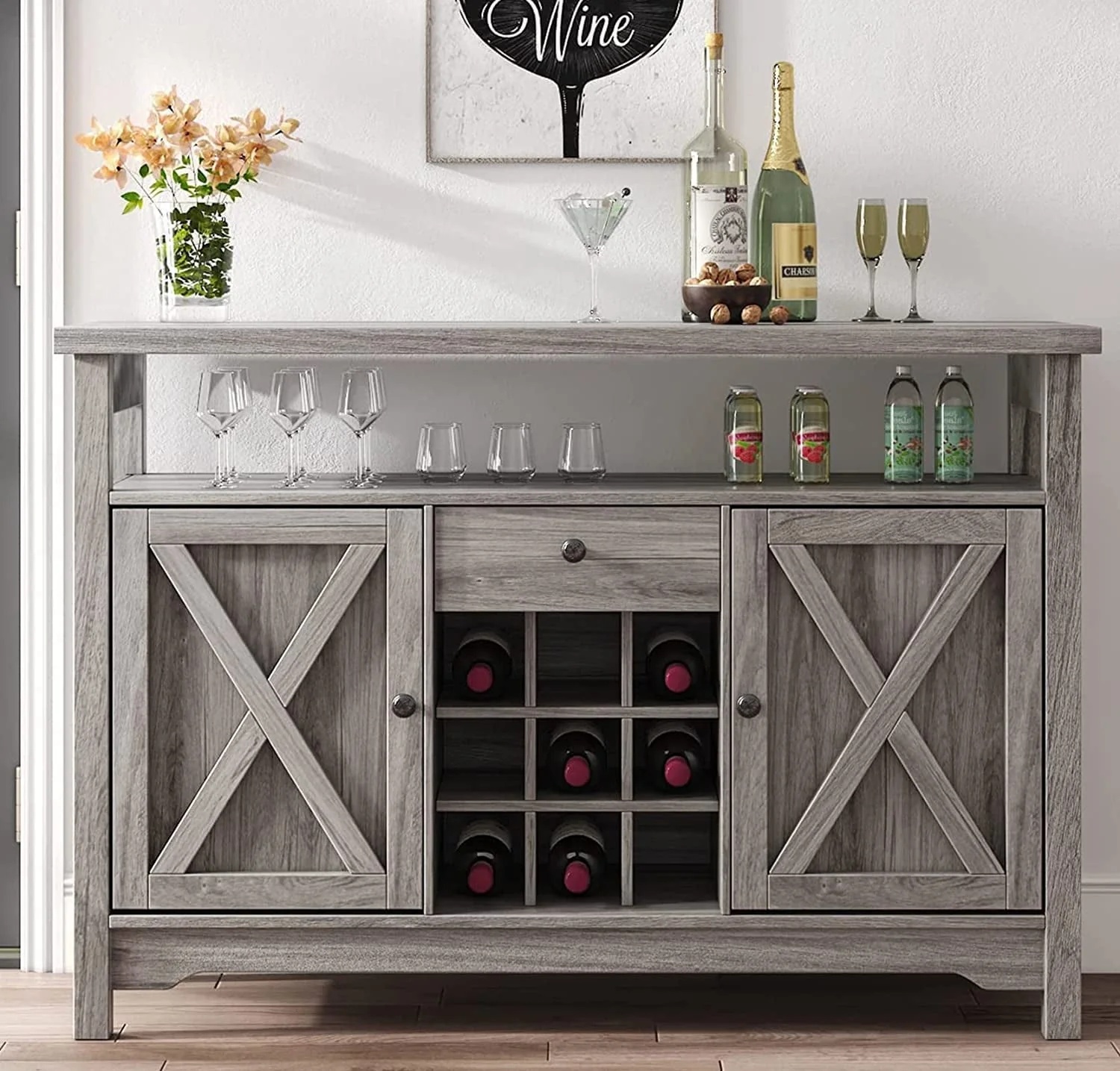 Catrimown Farmhouse Coffee Bar Cabinet, 47" Sideboard Buffet Cabinet with Barn Door, Buffet Storage Cabinet with Removable Wine Rack, Farmhouse Gray - Image 6