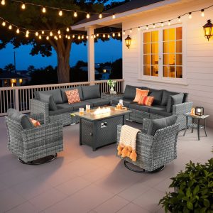 Vcatnet 11 Pieces Outdoor Patio Furniture Sets with Fire Pit Sectional Sofa All Weather Wicker Conversation Set with Swivel Glider Chairs, Black