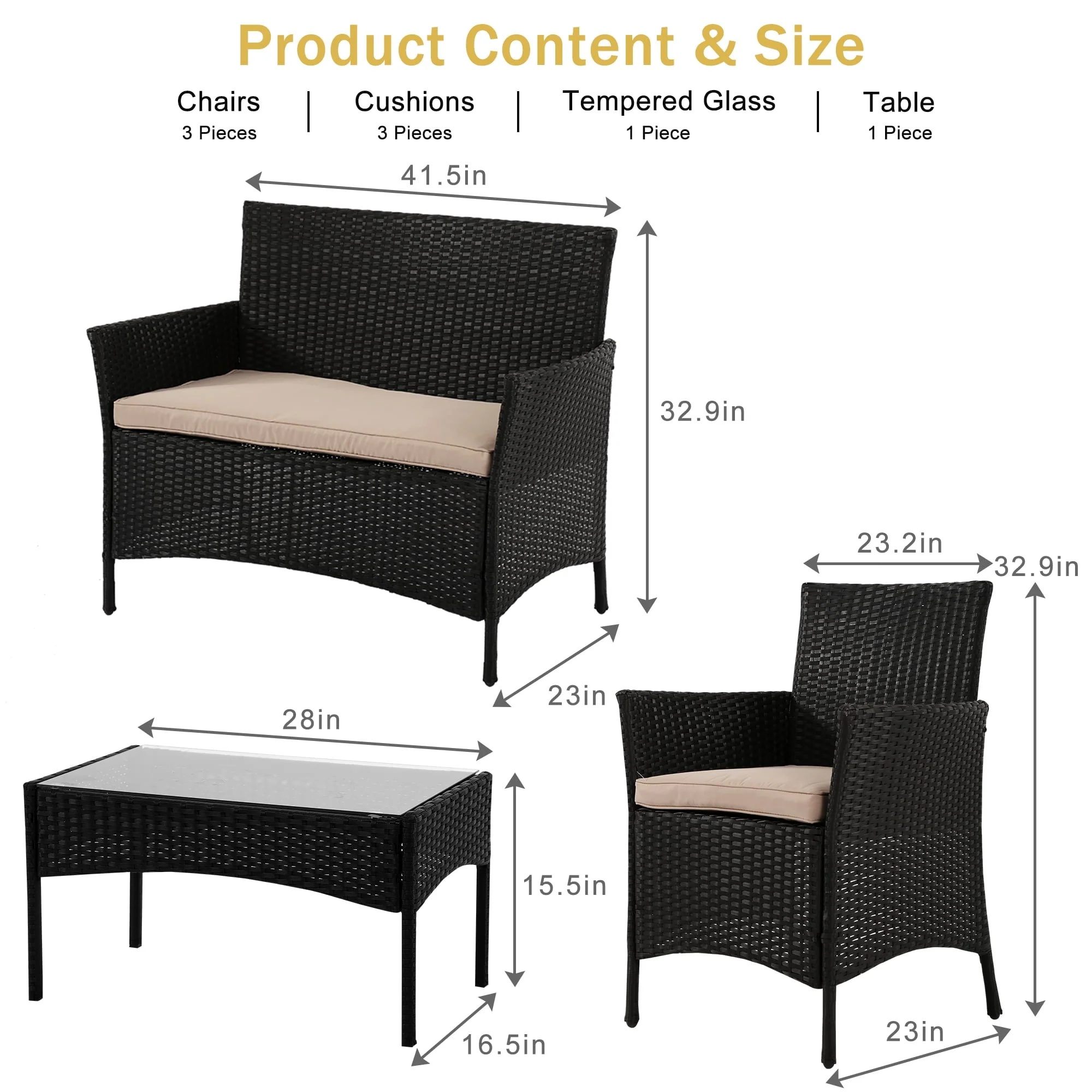 YRLLENSDAN Patio Furniture Set 4 Piece, Wicker Sofa Set Rattan Chair Outdoor Indoor Wicker Sofa with with Cushions & Coffee Table Bistro Sets for Patio Backyard Lawn Patio Chair (Black) - Image 2