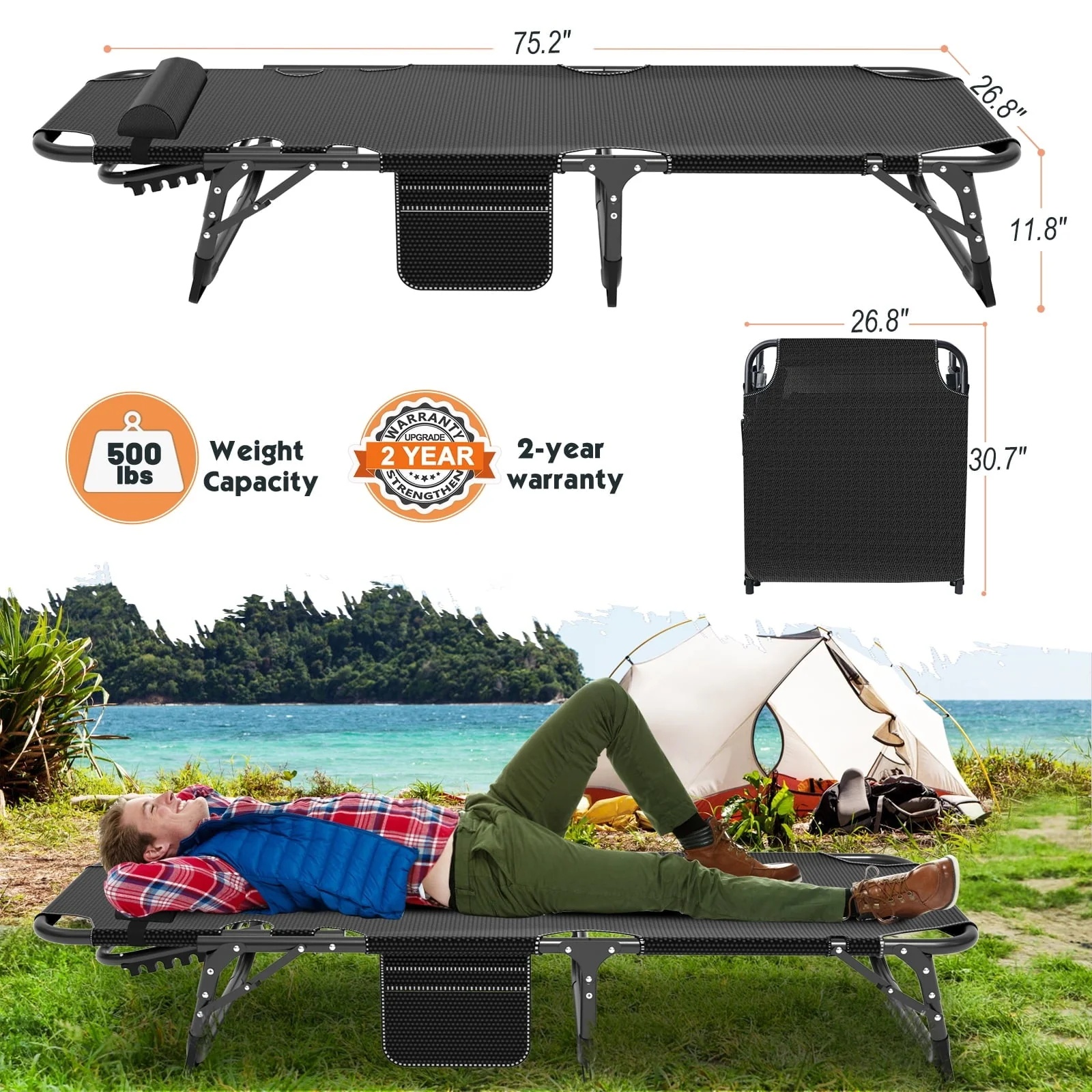 MOPHOTO Adult Camping Cot Adjustable 4-Position Folding Cot, Portable Heavy Duty Sleeping Bed, Outdoor Patio Folding Lounge Chair for Sunbathing - Image 7