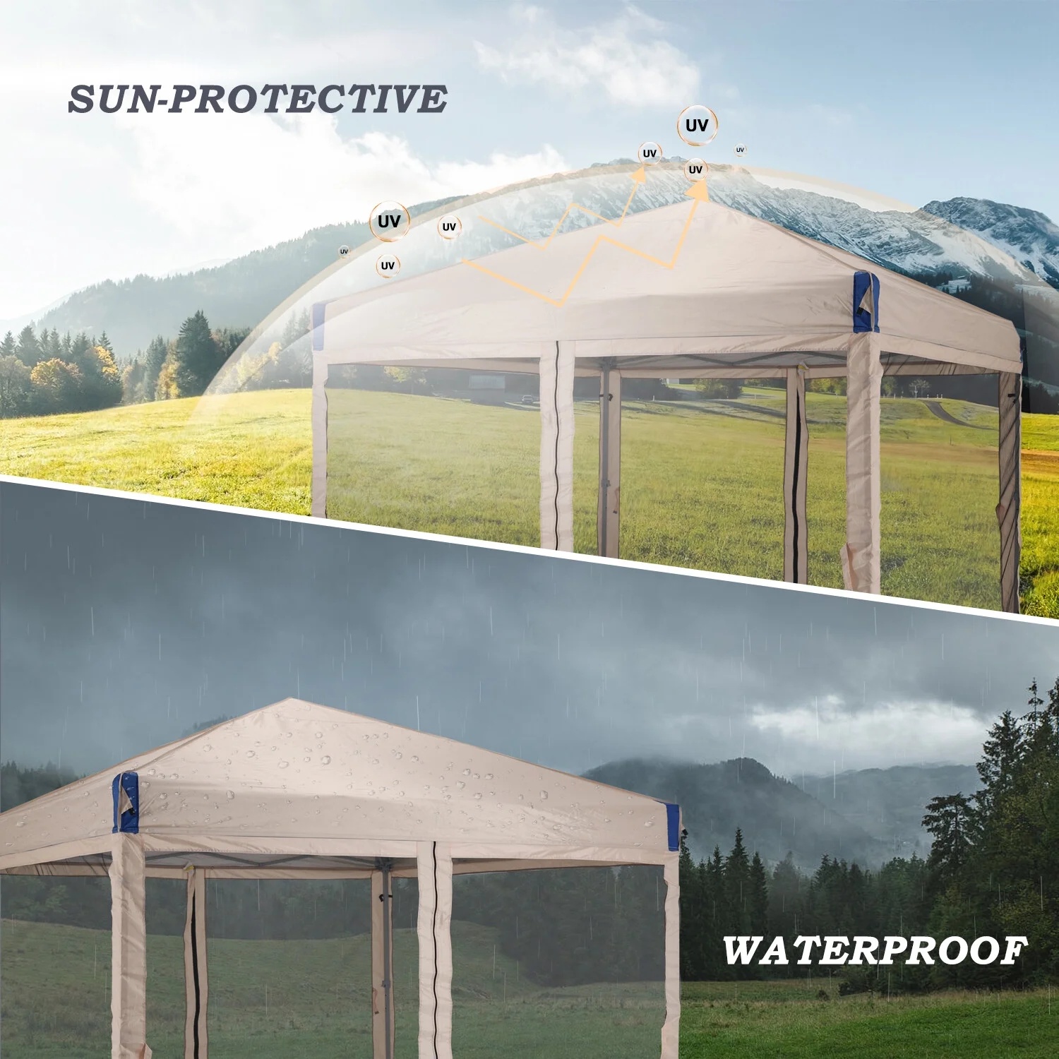 YUONAO 10x10 ft Pop Up Canopy Tent with Mesh Sidewalls, Portable Outdoor Shade Tent, Waterproof UV-Resistant Folding Gazebo for Backyard, Patio, Camping, Party(Beige) - Image 9