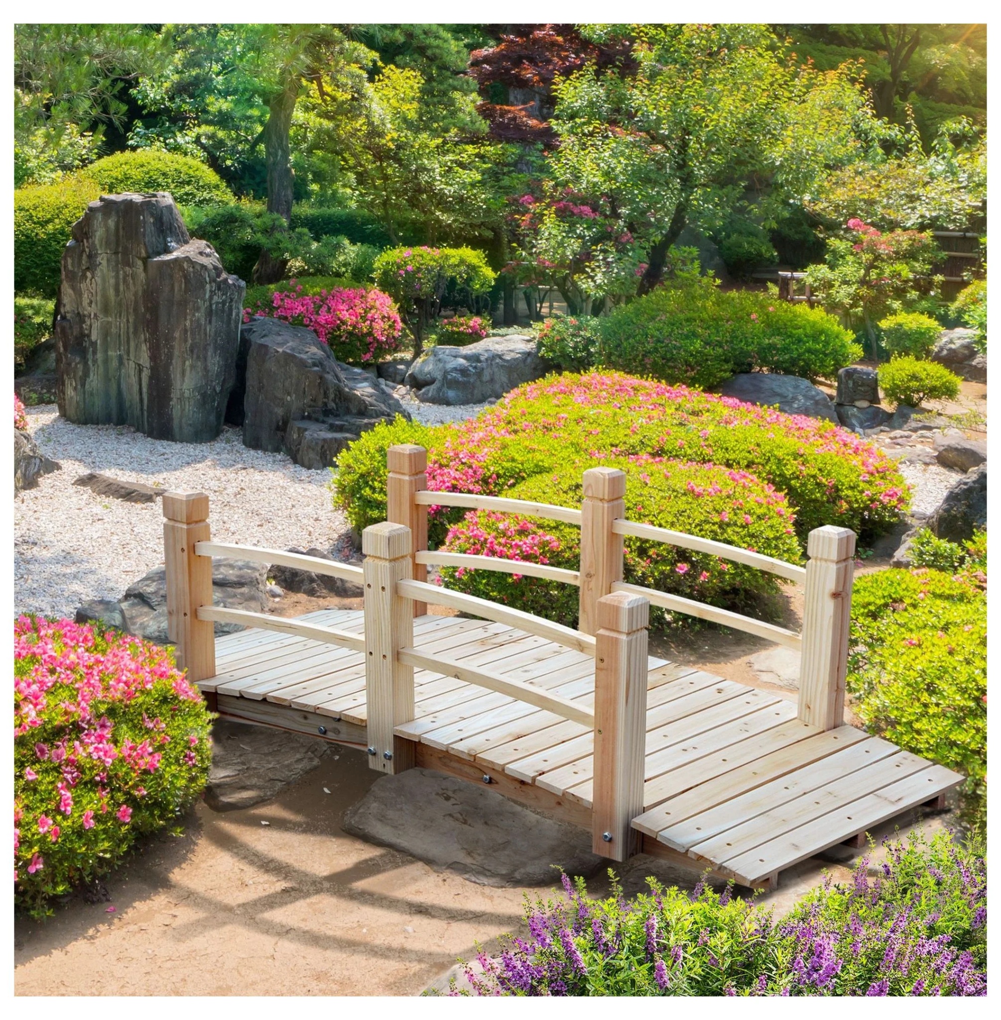 5 ft Wooden Garden Bridge Arc Footbridge with Railings - Natural Wood Backyard Decor - Image 2