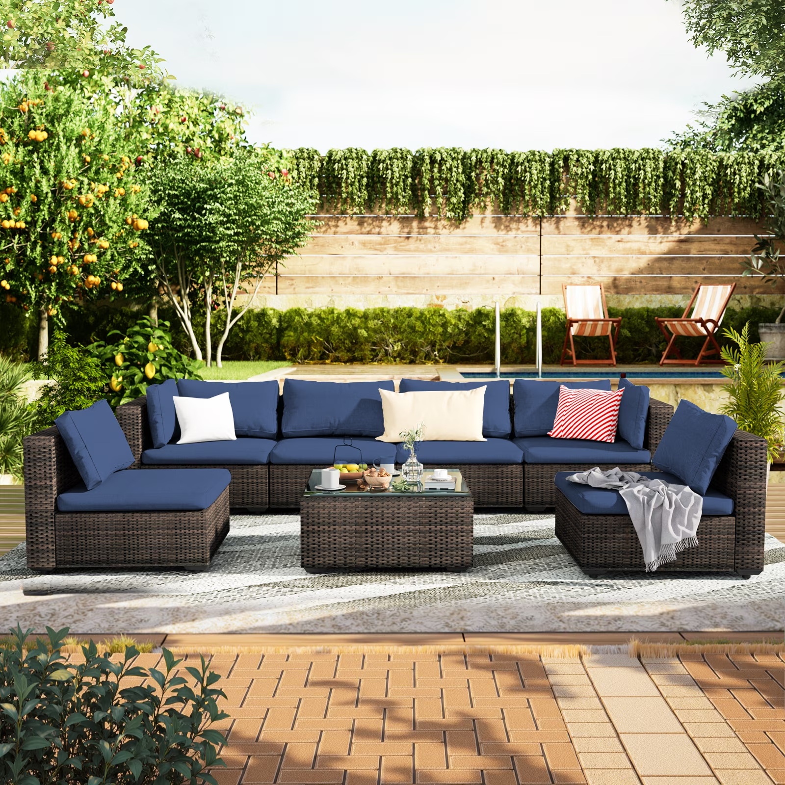 Grezone 7 Patio Outdoor Furniture Wicker Sectional Sofa Couch Lawn Sectional, Black - Image 3