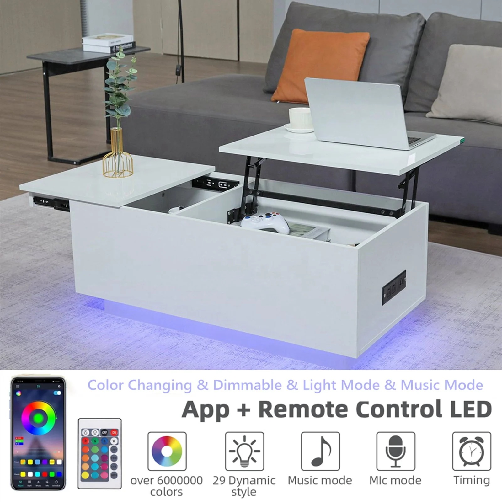 LED Coffee Table Lift Top End Table with with Charging Station and Storage Space Modern Rectangle Cocktail Tables Sofa Side Dining Table - Image 4