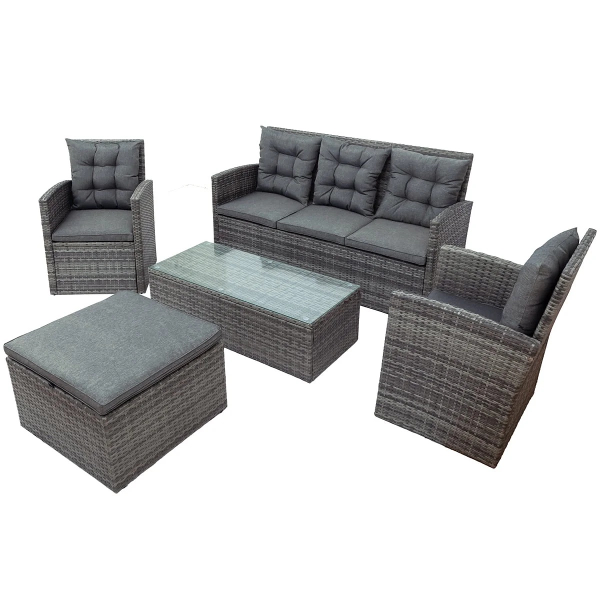 5 Piece Patio Furniture Sets, Outdoor Conversation Sets with Glass Coffee Table, Wicker Rattan Sectional Sofa Couch with Storage Bench, Ottomans & Cushions for Garden, Pool, Backyard, Gray - Image 14