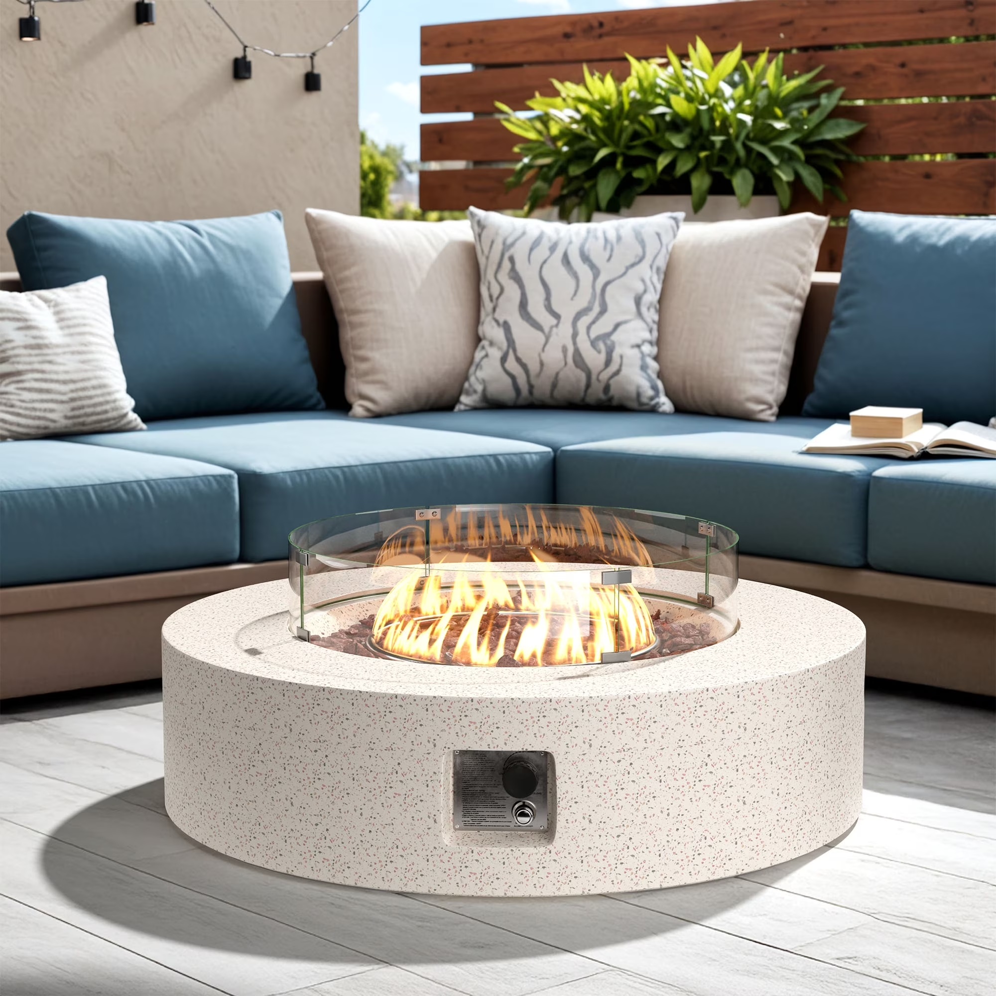 VENTOPYR 40.5-inch Outdoor Propane Fire Pit Coffee Table w Concrete Round Base Patio Heater, 50,000 BTU Stainless Steel Burner, Free Lava Rocks, Wind Guard, Rain Cover - Image 3