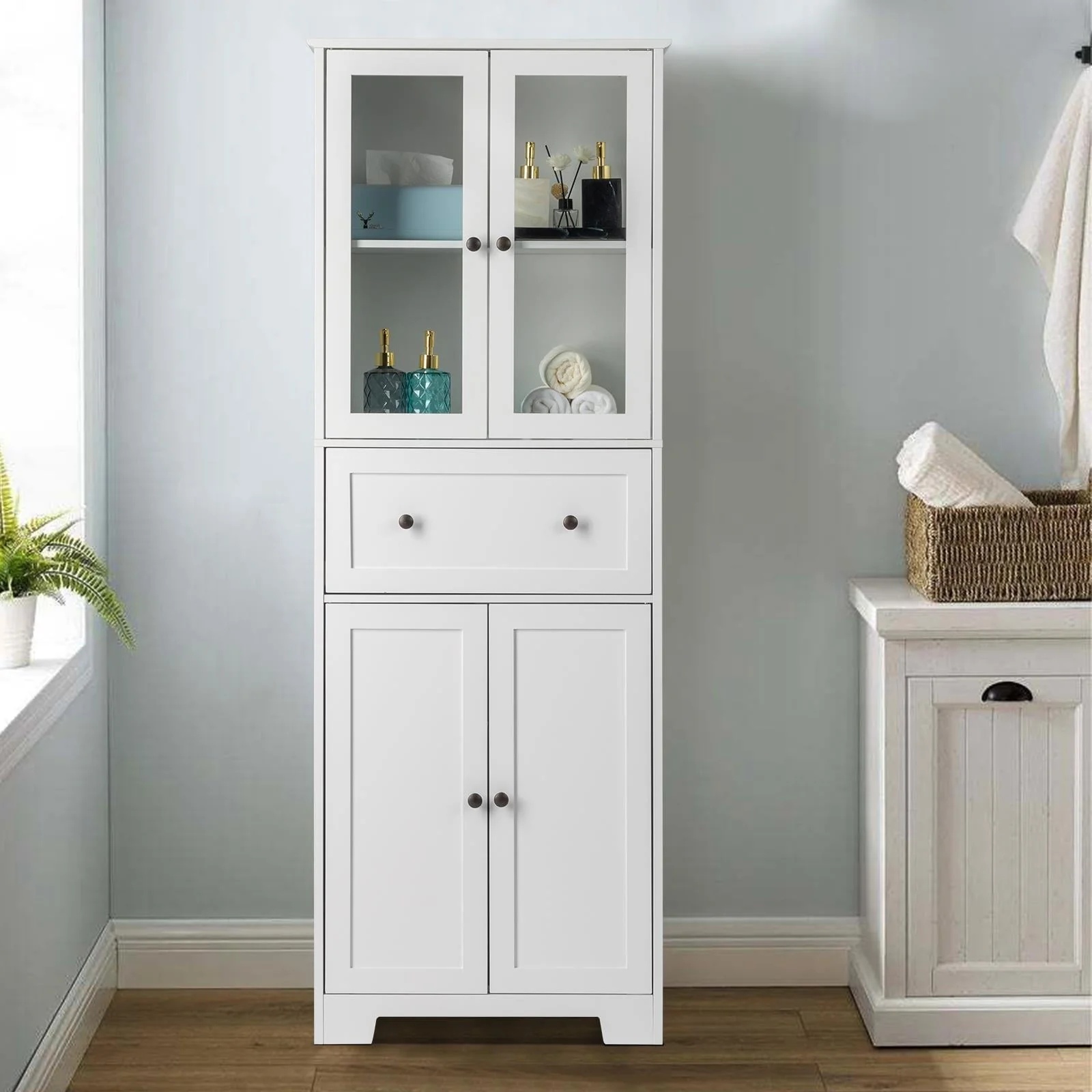 Ktaxon 64" Tall Bathroom Storage Cabinet Organizer, Freestanding Kitchen Pantry Cabinet Line Tower with 2 Glass Doors, Large Drawer & 4 Adjustable Shelves for Dining Room Living Room Home Office,White - Image 3