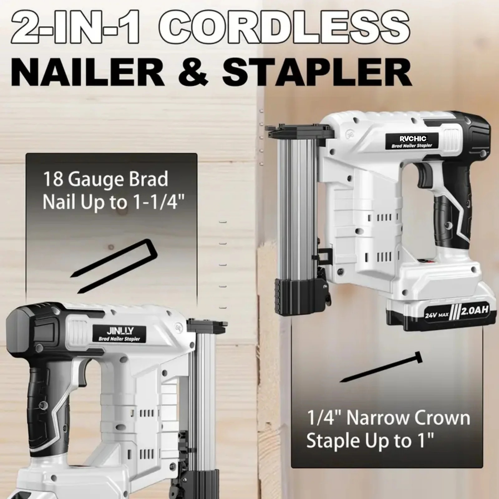 Rvchic 18 Gauge Cordless Brad Nailer,2-in-1 21V Electric Brad Nailer Stapler for Woodworking,Home Improvement,Include 1*2000mAh Battery and 1000pcs Nails - Image 6