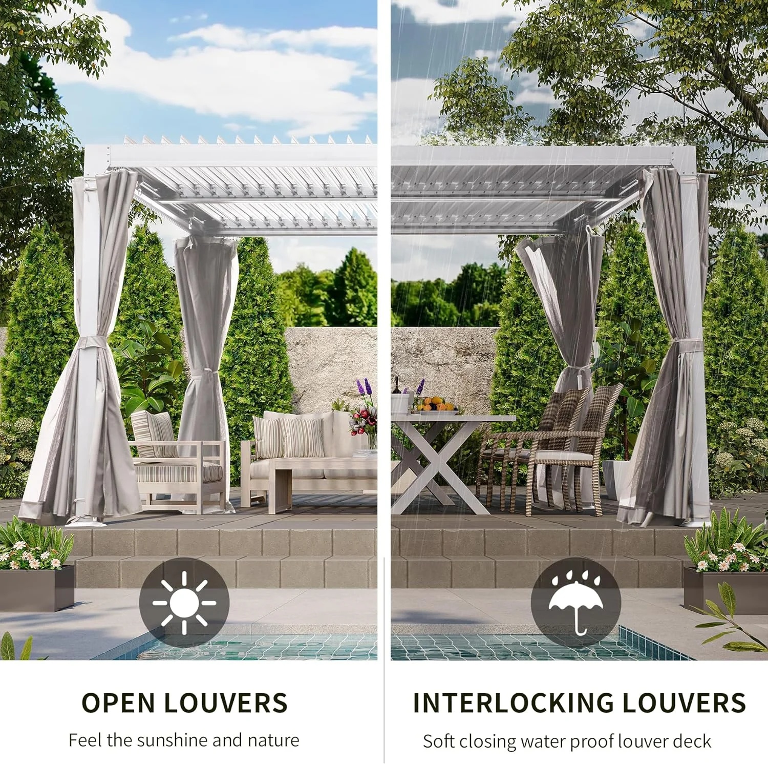 GAZEBETER 10' x 20' Louvered Pergola, Outdoor Aluminium Pergola with Adjustable Roof, Curtains and Netting, Hardtop Gazebo for Patio, Deck, Garden, Yard, Beach, White - Image 4