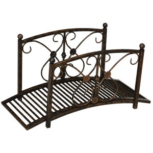 3.3Ft Metal Arch Zen Garden Bridge: Decorative Footbridge with Safety Rails for Stream, Fish Pond, Brown