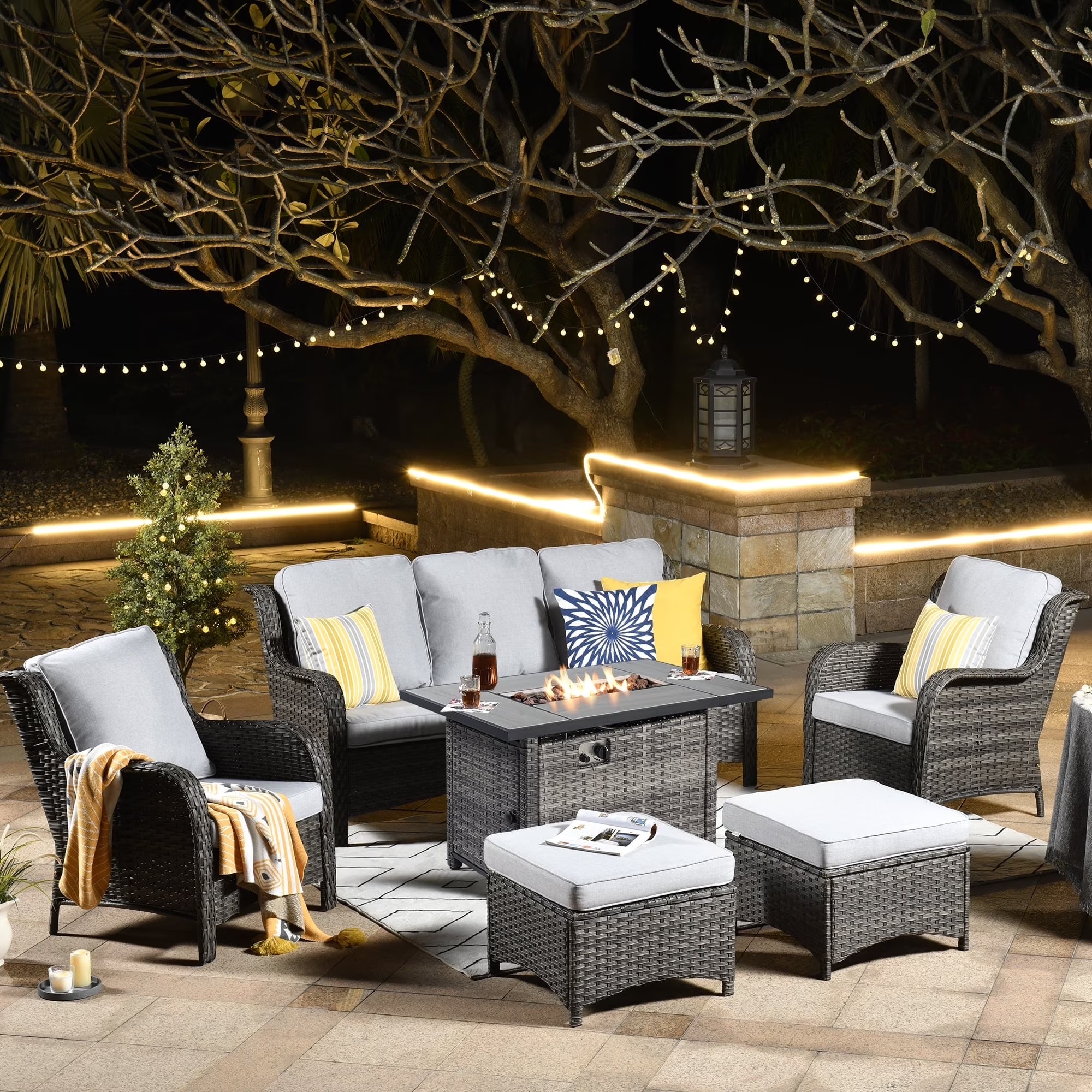 Ovios 6 Pieces Outdoor Furniture with CSA Fire Pit Wicker Patio Conversation Set All Weather Sectional Sofa for Porch - Image 3