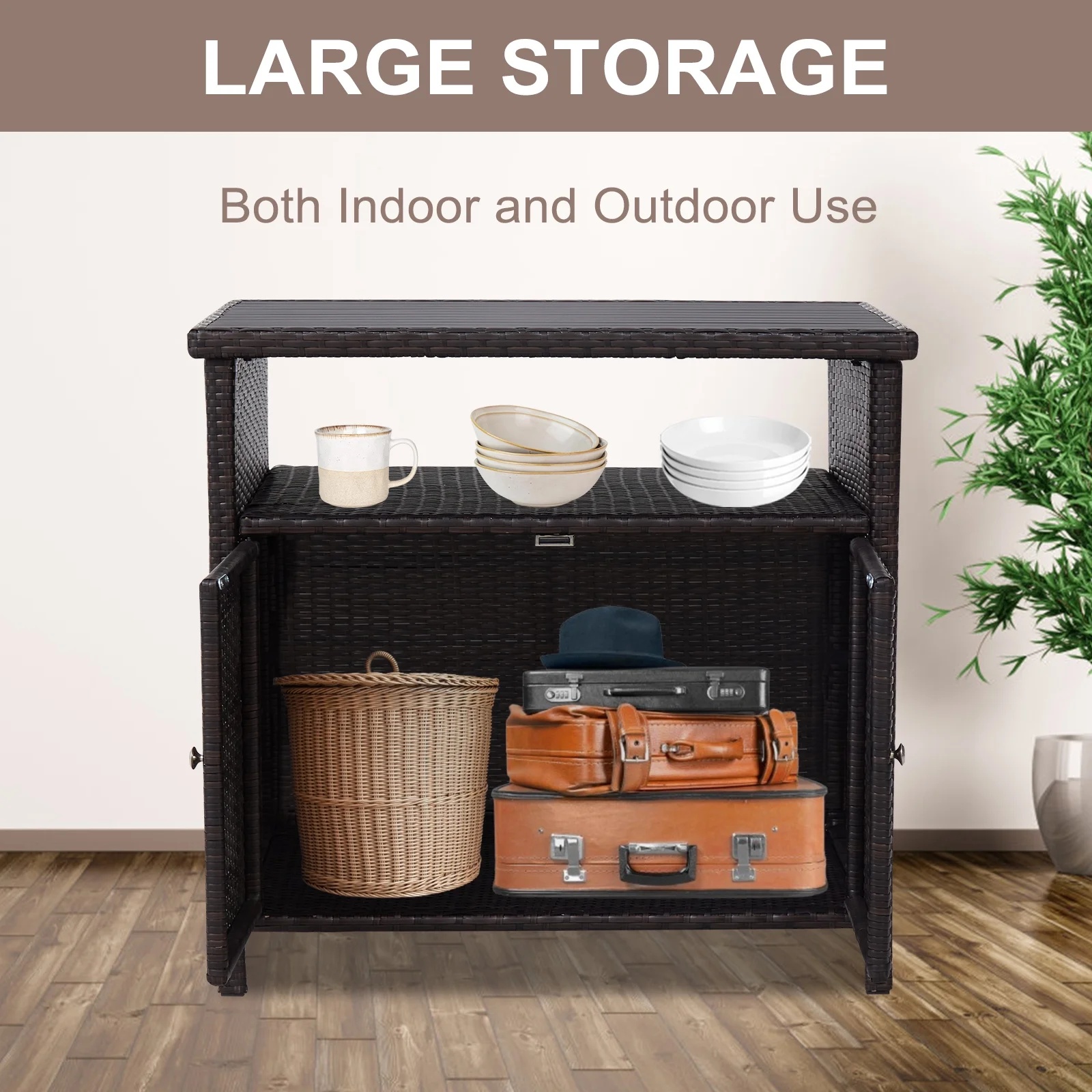 Kinbor Outdoor Wicker Storage Cabinet, Patio Bar Tables with Two Doors & Shelves, Weatherproof Storage Console Table, Dark Brown - Image 6