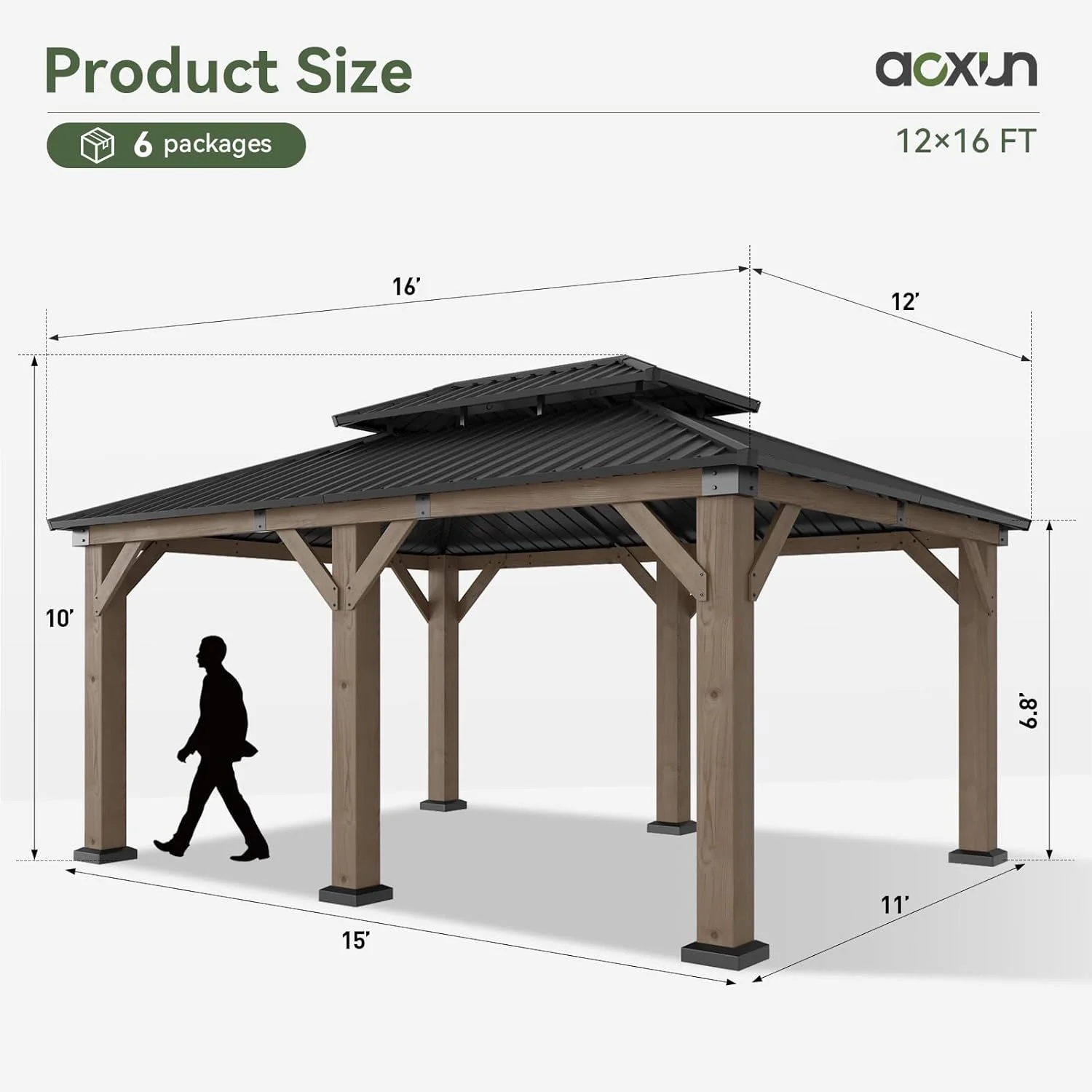 Aoxun 12' x 16' Outdoor Wood Gazebo, Hardtop Gazebo Permanent Wooden Pavilion with Galvanized Steel Double Roof, for Patio, Garden, Backyard, Cedar Wood - Image 2