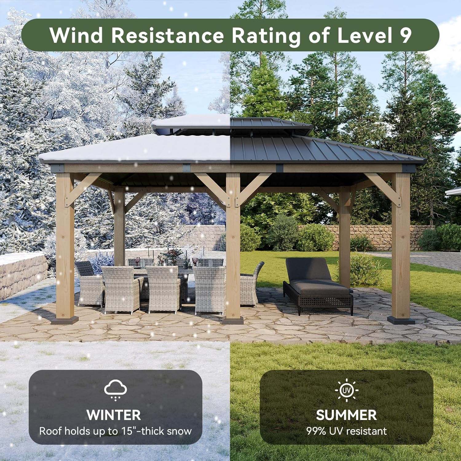 Aoxun 12' x 16' Outdoor Wood Gazebo, Hardtop Gazebo Permanent Wooden Pavilion with Galvanized Steel Double Roof, for Patio, Garden, Backyard, Cedar Wood - Image 4