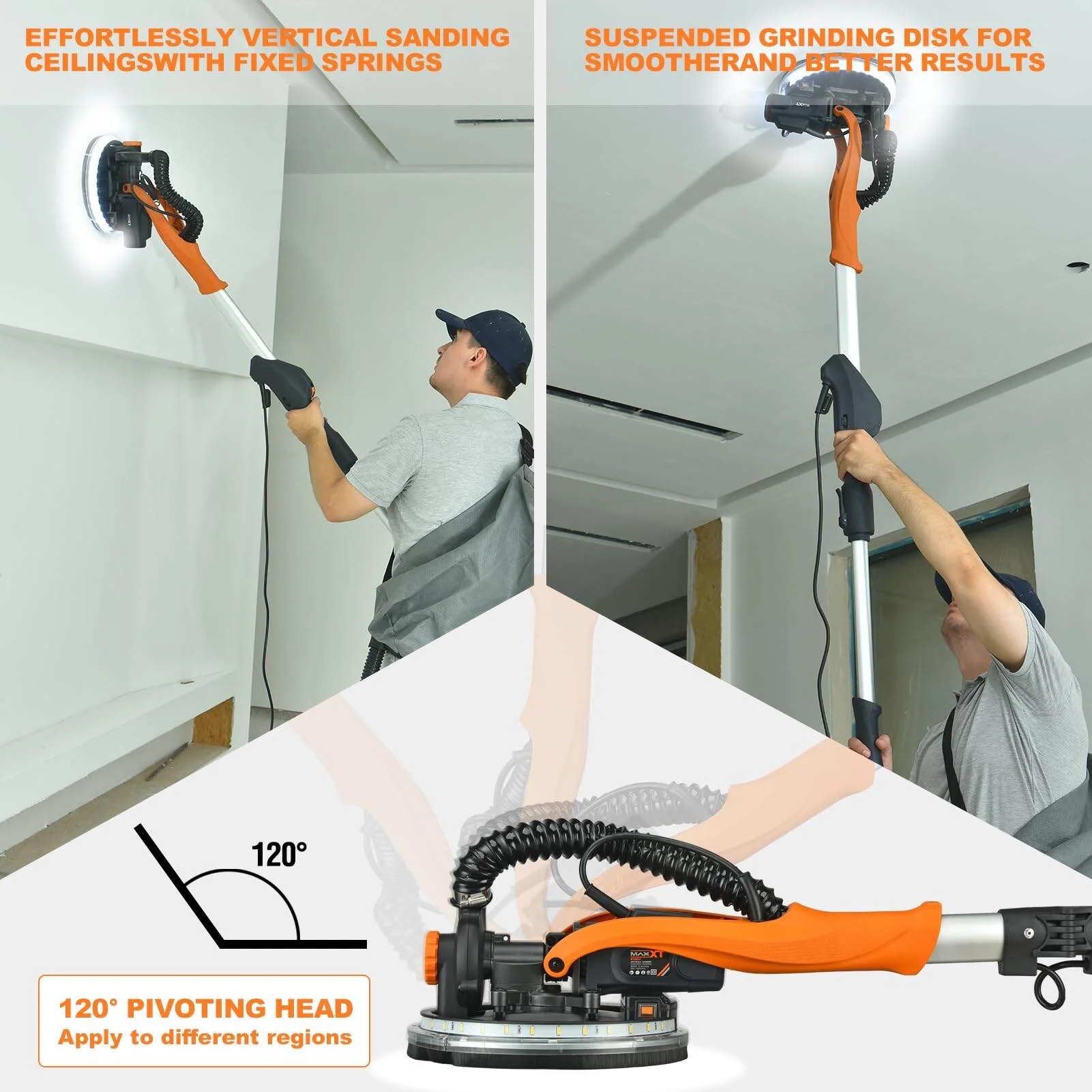 Drywall Sander with Vacuum Dust Collection, 6 Variable Speed Foldable Telescopic Electric Wall Sander, Popcorn Ceiling Removal Tool, 1900RPM Power Sander Tool, LED Light, 18Pcs Sanding Discs,Power D - Image 6