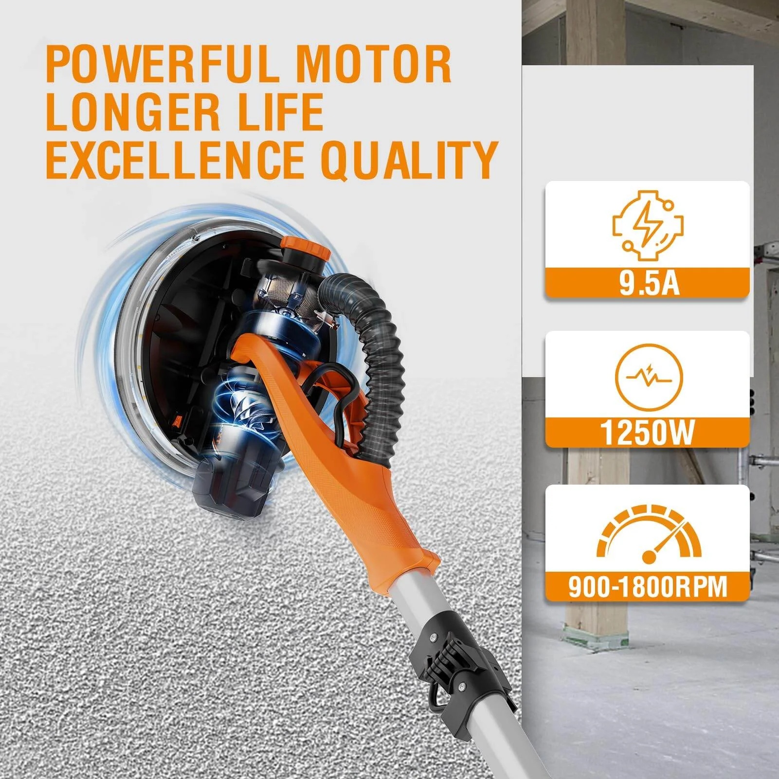 Drywall Sander with Vacuum Dust Collection, 6 Variable Speed Foldable Telescopic Electric Wall Sander, Popcorn Ceiling Removal Tool, 1900RPM Power Sander Tool, LED Light, 18Pcs Sanding Discs,Power D - Image 8