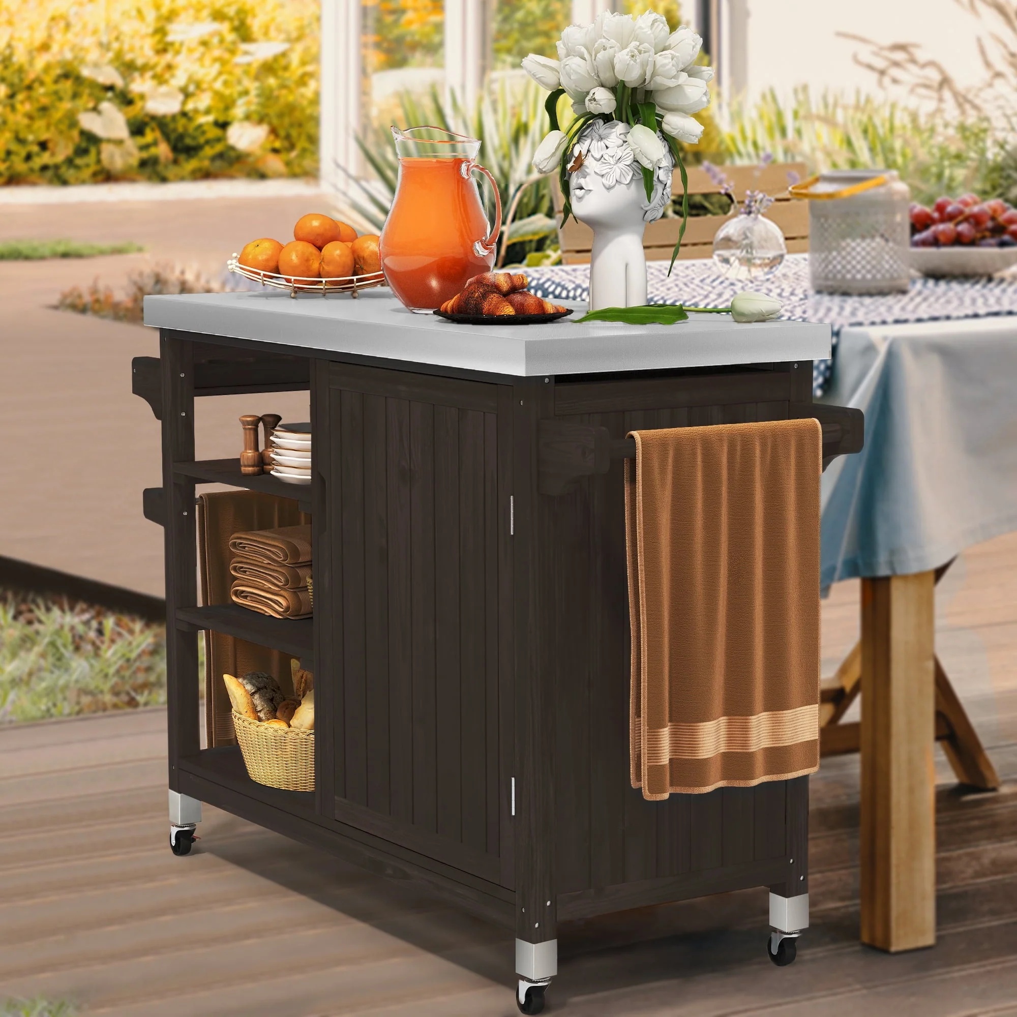 Dextrus Grill Carts Outdoor With Storage Cabinet and Wheels, Solid Wood Movable Dining Cart Table,with Stainless Steel Top, Spice Rack, and Side Handle, Kitchen Island with Storage or Bar Cart, Brown - Image 2