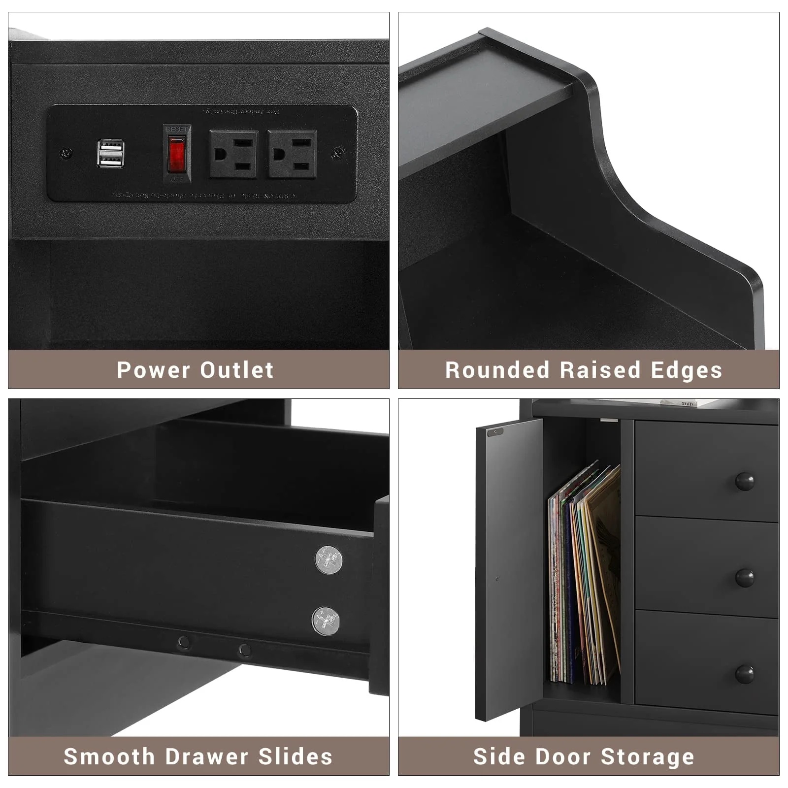 Nightstand with 3 Storage Drawers and Hutch, Black Night Stand with Charging Station End Side Table with 1 Door, Modern Bedside Table for Bedroom - Image 9