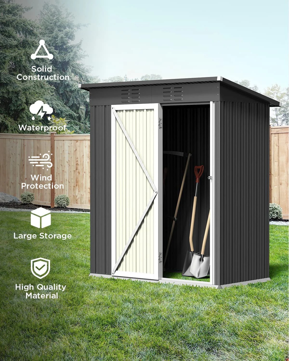 5' x 3' Outdoor Storage Shed, Metal Outdoor Storage Cabinet with Single Lockable Door, Waterproof Tool Shed,Gray - Image 7