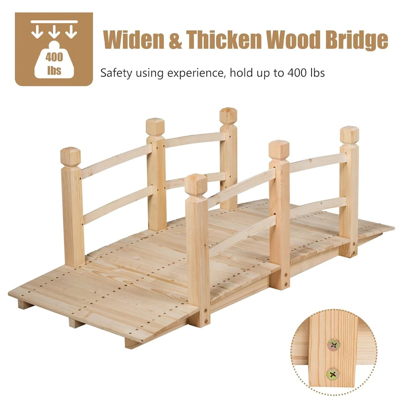 Garden Bridge, 5FT Wooden Arc Footbridge for Outdoors with Safety Guardrails, Decorative Landscaping for Garden Yard Walkway Creek Farm, 400 LBS Capacity (Natural Finished) - Image 5