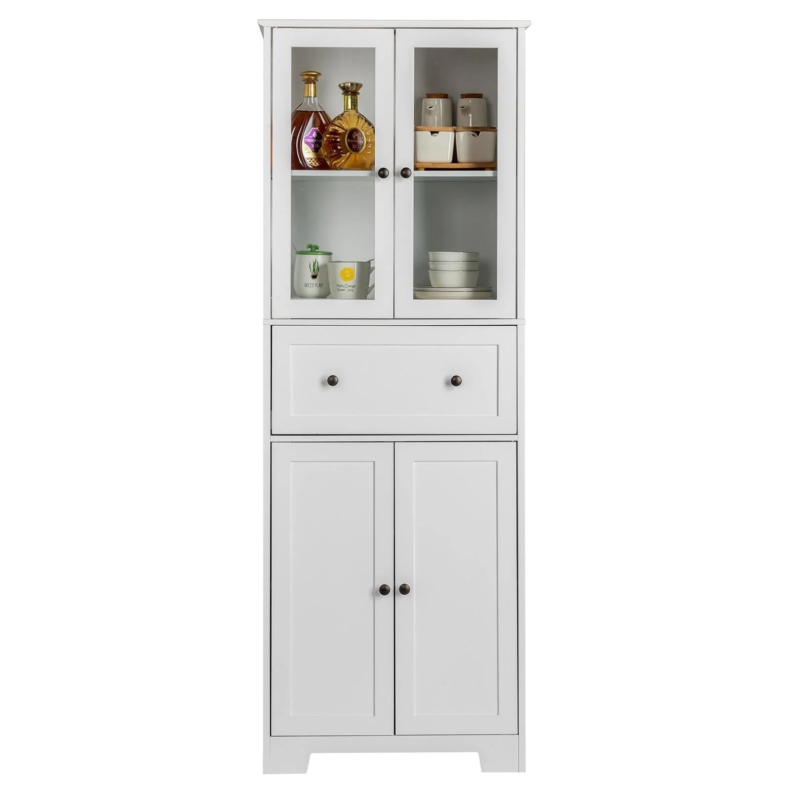 Ktaxon 64" Tall Bathroom Storage Cabinet Organizer, Freestanding Kitchen Pantry Cabinet Line Tower with 2 Glass Doors, Large Drawer & 4 Adjustable Shelves for Dining Room Living Room Home Office,White - Image 16