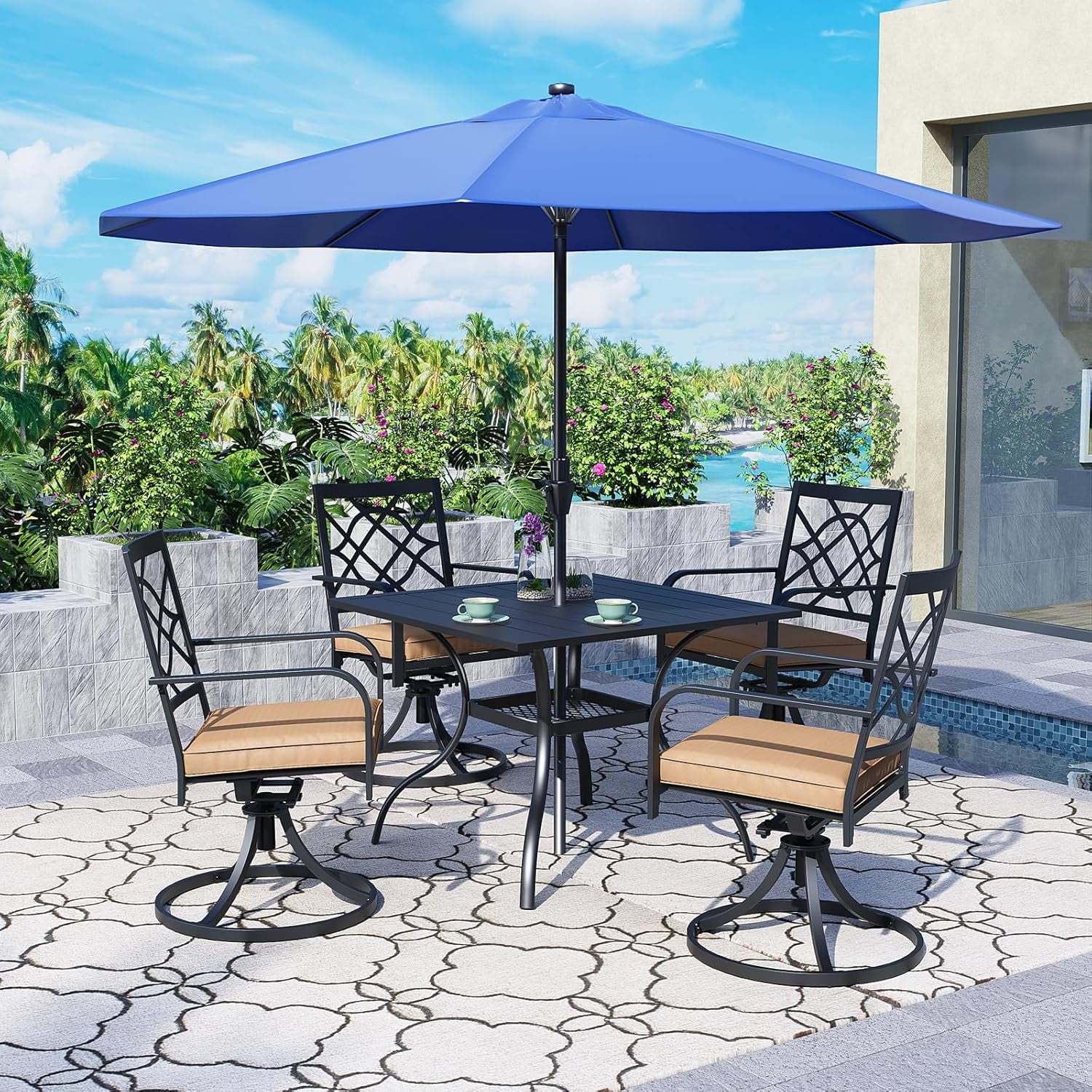 SUNCROWN 7-Piece Outdoor Wrought Iron Chairs and Table Patio Dining Furniture Set - 6 Stackable Metal Chairs, 1 Steel Slat Bistro Table and 1 Brown 9Ft Patio Umbrella for Garden Backyard Deck - Image 86