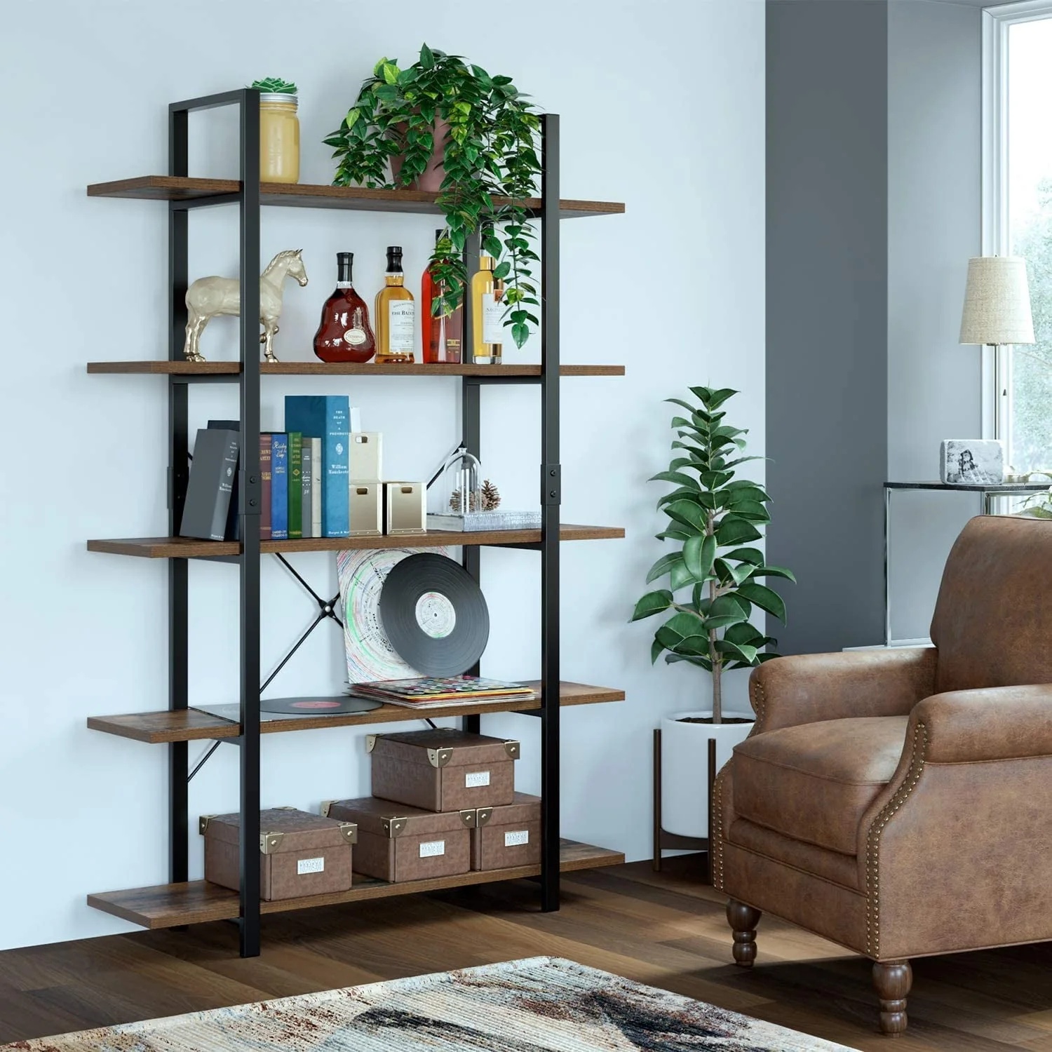 Homfa Industrial 5 Tier Storage Bookshelf , Wood Bookcase Shelf Unit with Metal Frame for Home Office Living Room, Rustic Brown - Image 3