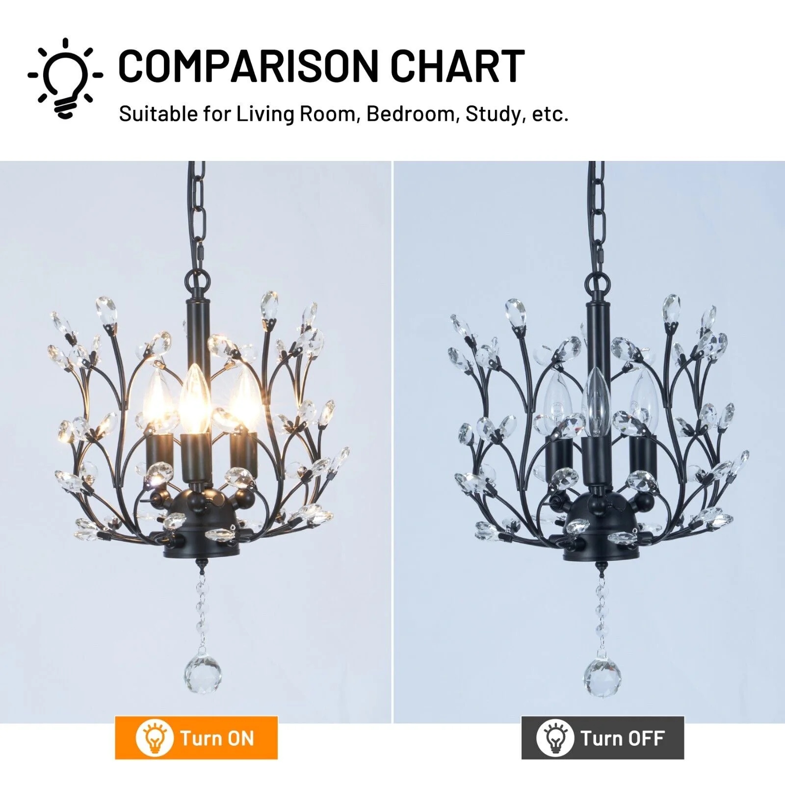 FINE MAKER 18-inch branch flower-shaped crystal chandelier, 3-head living room chandelier, bedroom study lighting fixture (black) - Image 6