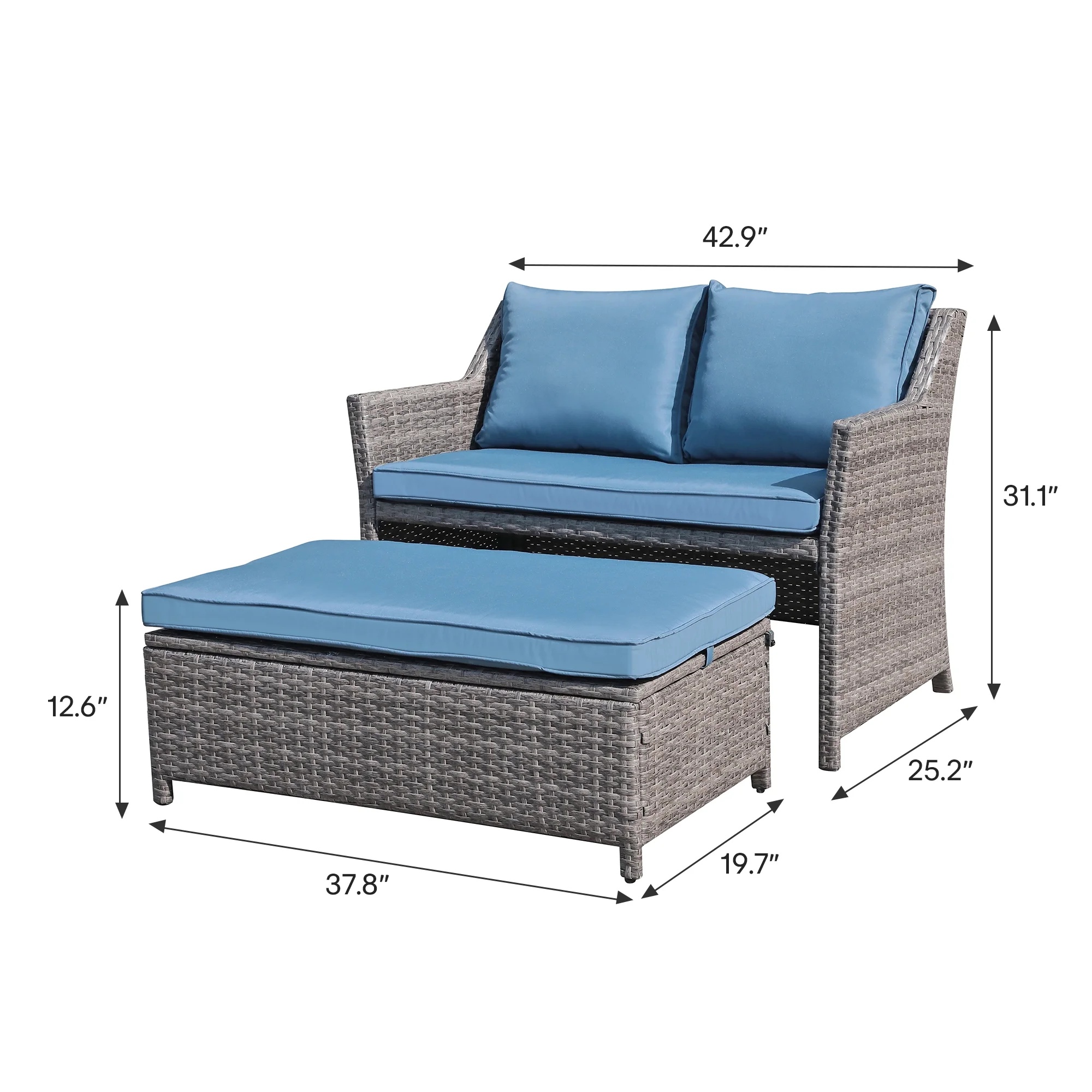 Outdoor Wicker Love Seat and Coffee Table Set, Weather Resistant Grey Rattan, Patio Furniture with Gray Cushions & Storage Bin - Image 14
